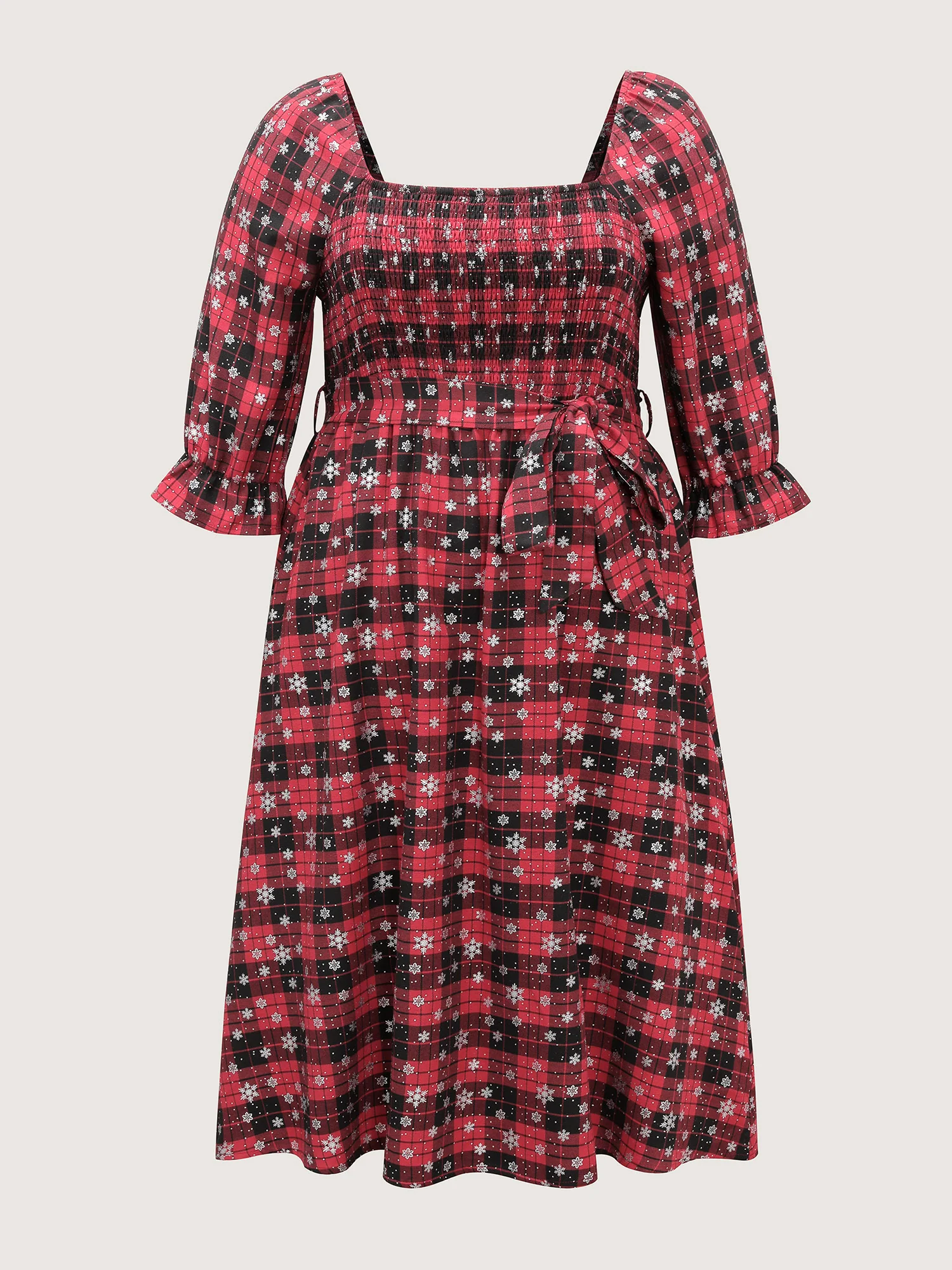 Snow Checkered Print Shirred Midi Dress - Image 7