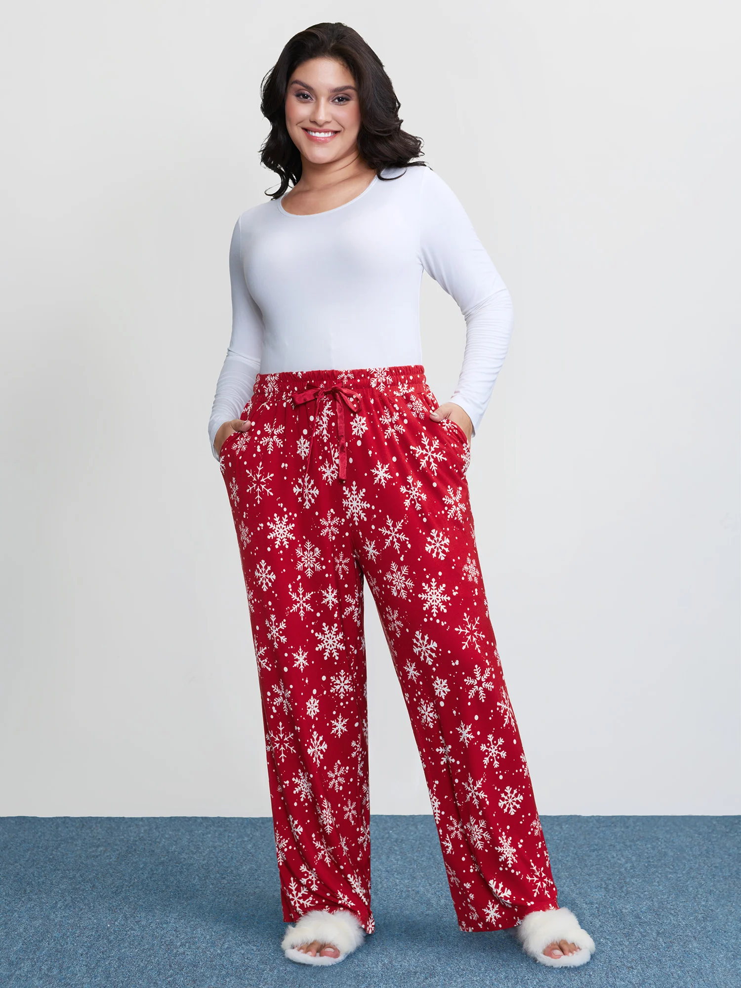 Snowflake Pattern Drawstring Waist Lounge Bottoms - Image 2