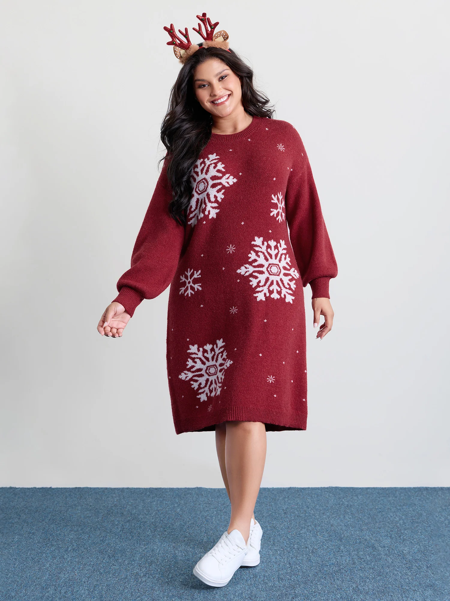 Snowflake Pattern Drop Shoulder Sweater Dress - Image 3