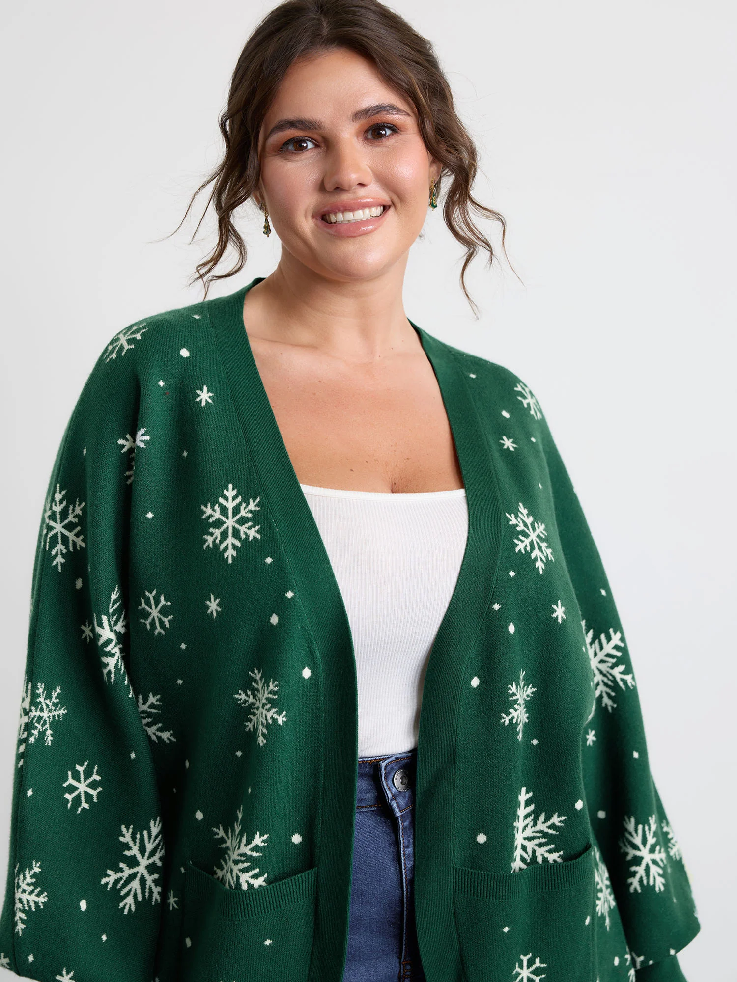Snowflake Pattern Pockets Curvy Hem Knit Cardigan - Image 3