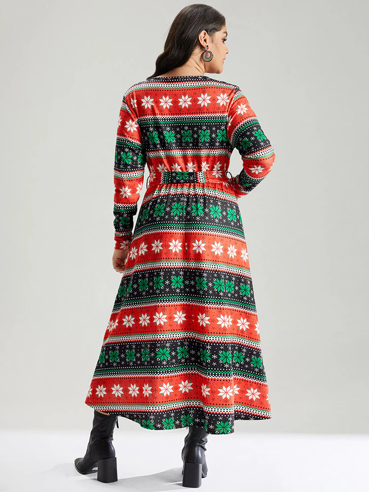 Snowflake Print Contrast Belted Surplice Neck Dress - Image 2