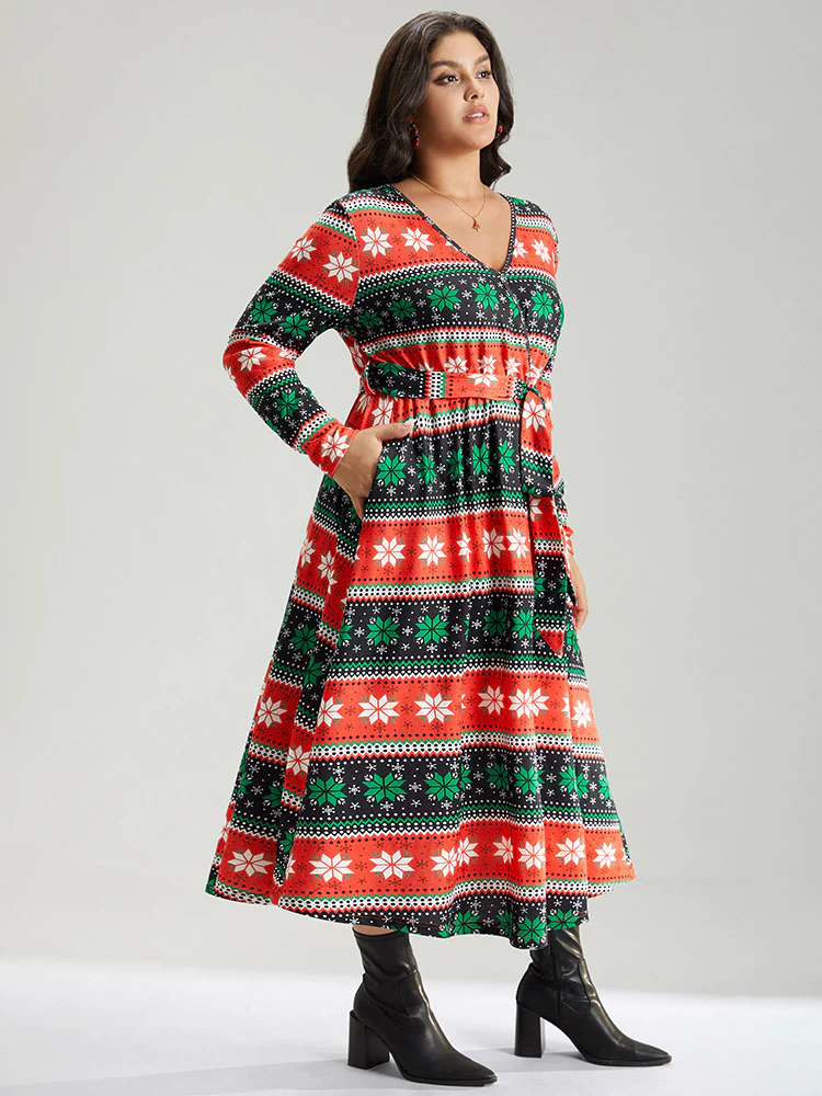 Snowflake Print Contrast Belted Surplice Neck Dress - Image 3