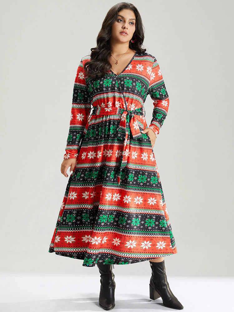 Snowflake Print Contrast Belted Surplice Neck Dress - Image 4