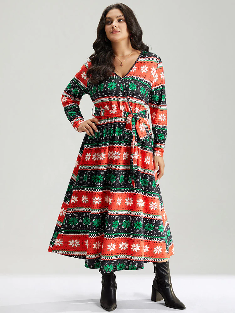 Snowflake Print Contrast Belted Surplice Neck Dress - Image 5