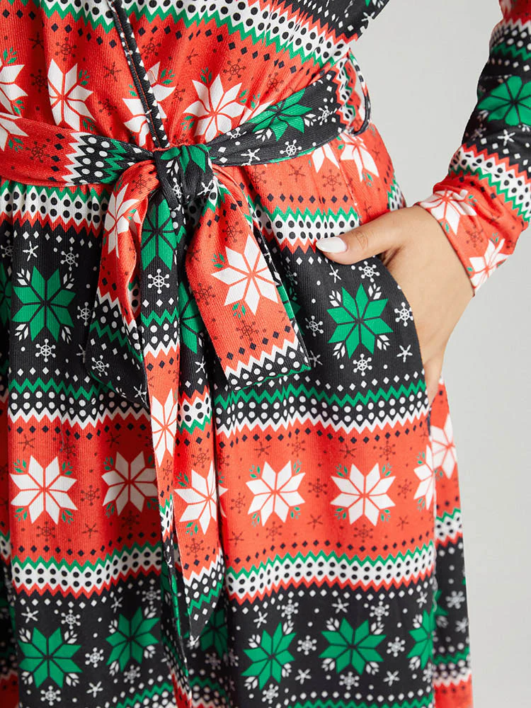 Snowflake Print Contrast Belted Surplice Neck Dress - Image 7