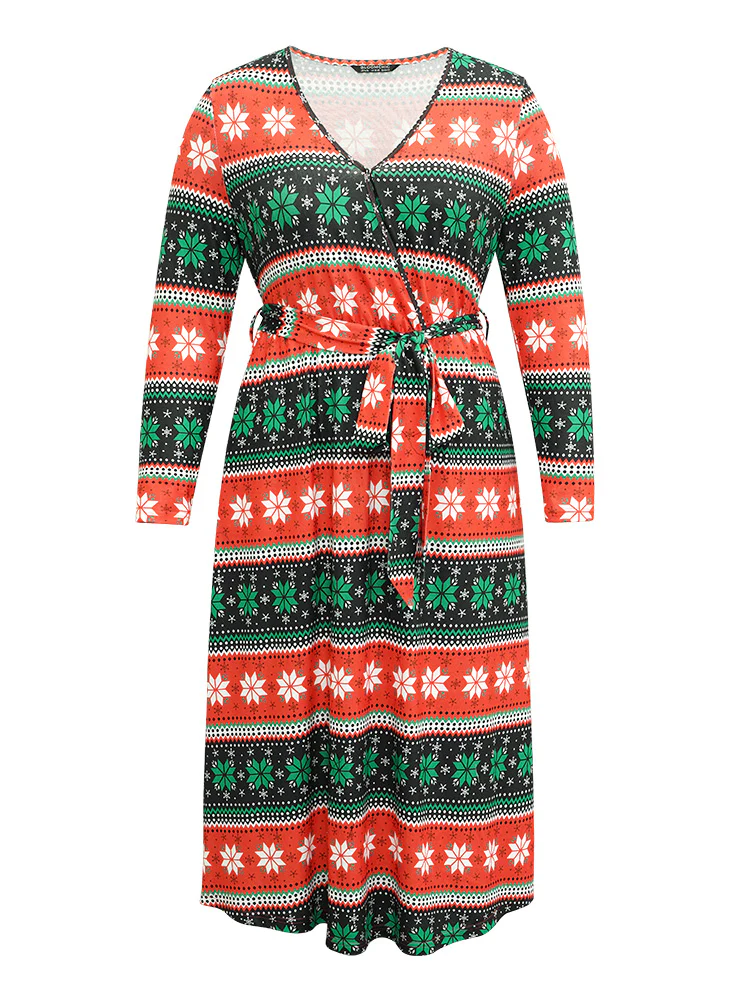 Snowflake Print Contrast Belted Surplice Neck Dress - Image 8
