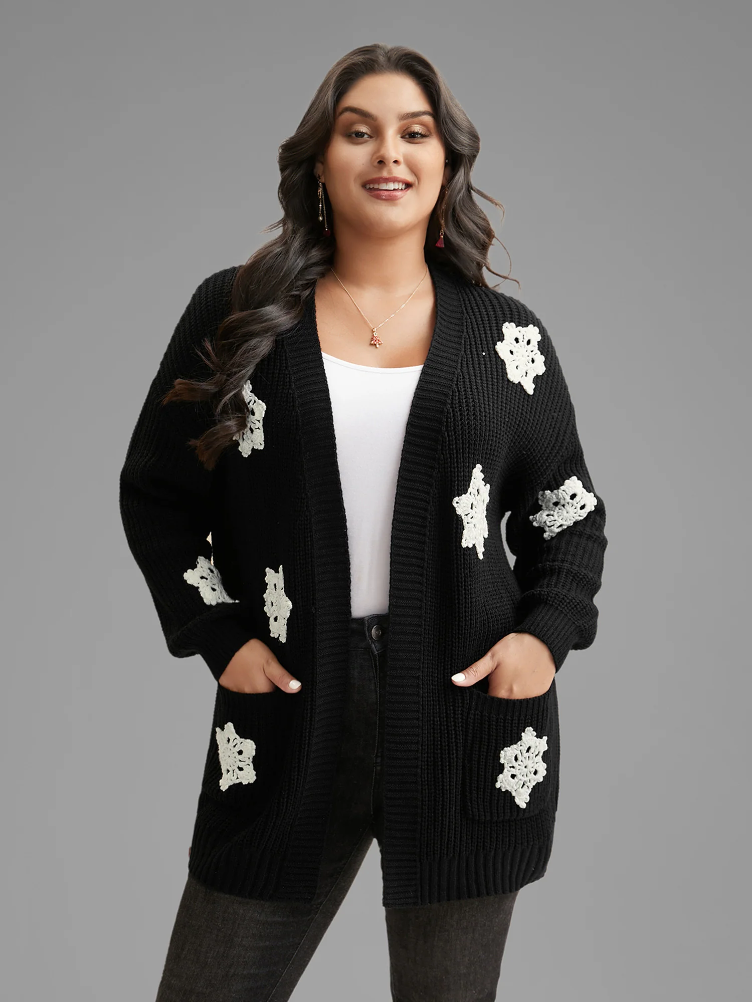 Snowflakes Embroidered Open Cardigan