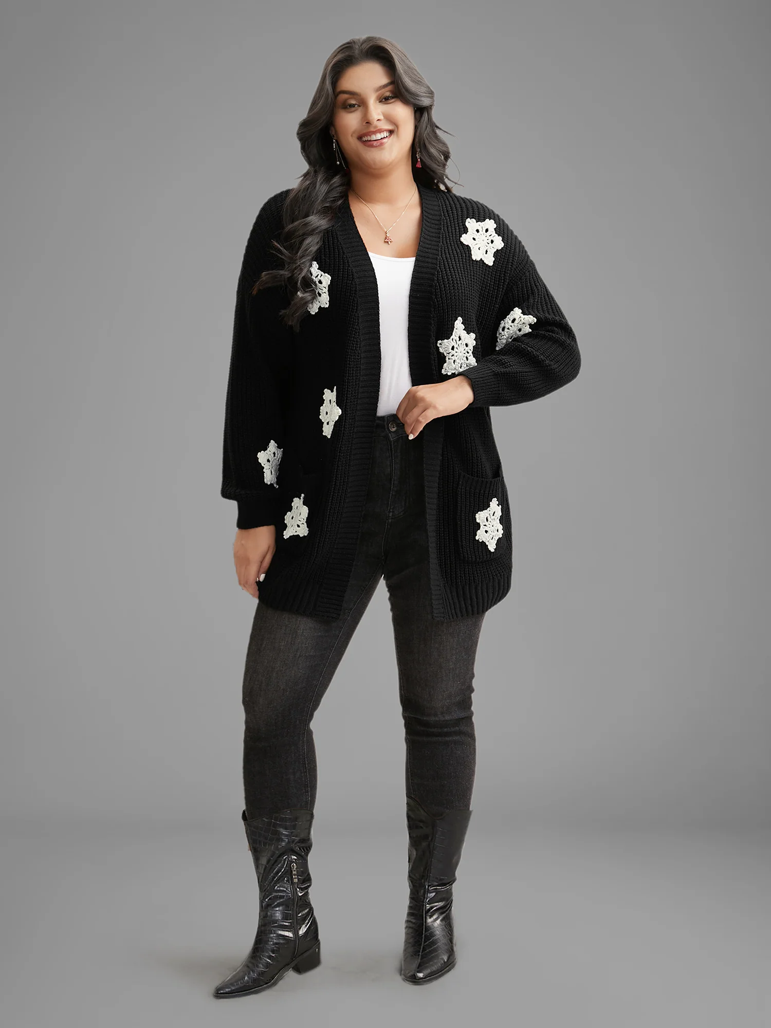 Snowflakes Embroidered Open Cardigan - Image 2