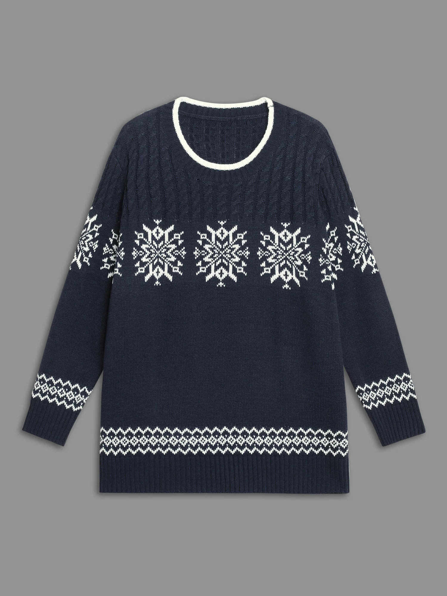 Snowflakes Pattern Contrast Round Neck Pullover - Image 7