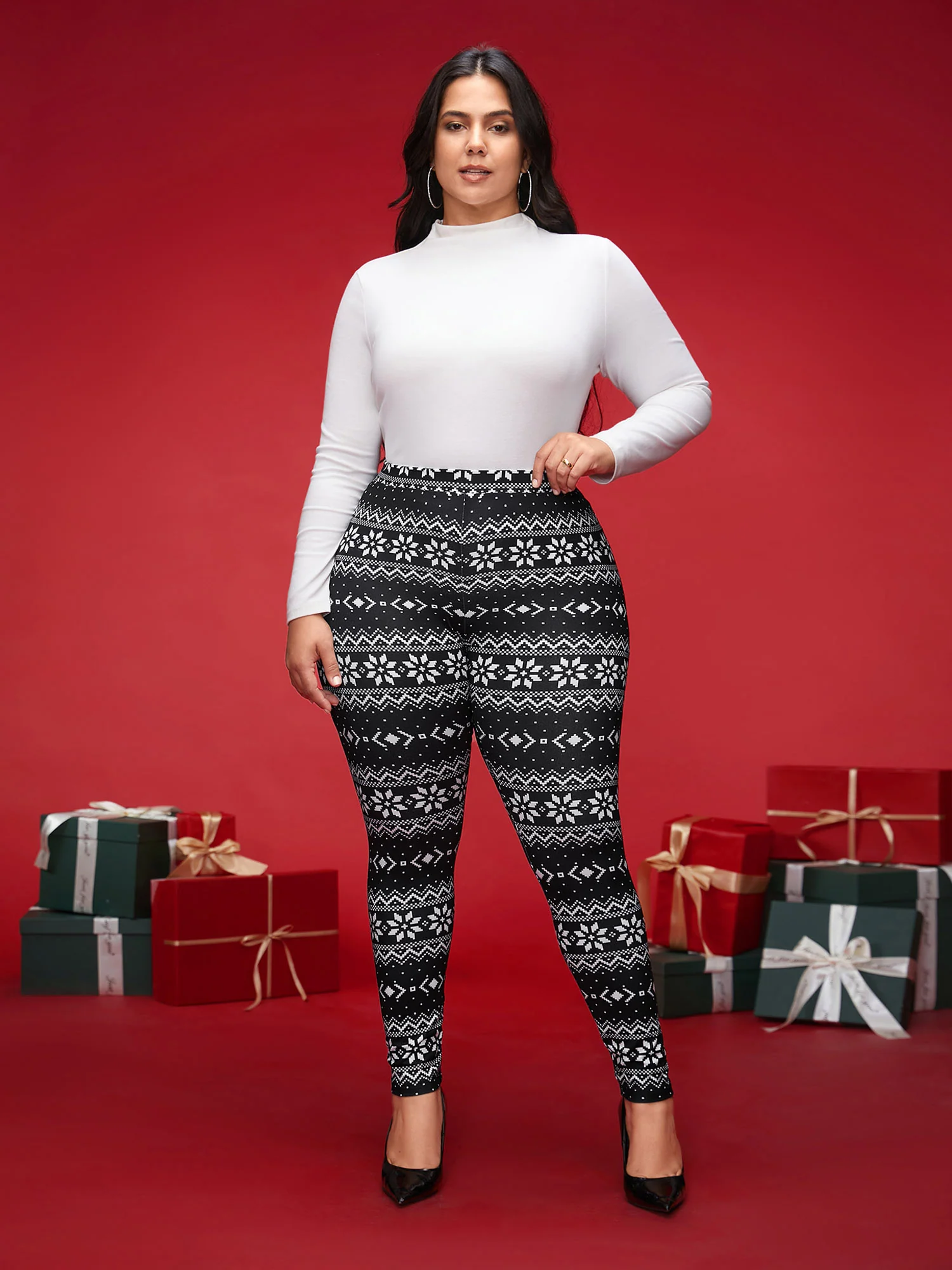 Snowflakes Printed High-Waist Stretchy Leggings - Image 2