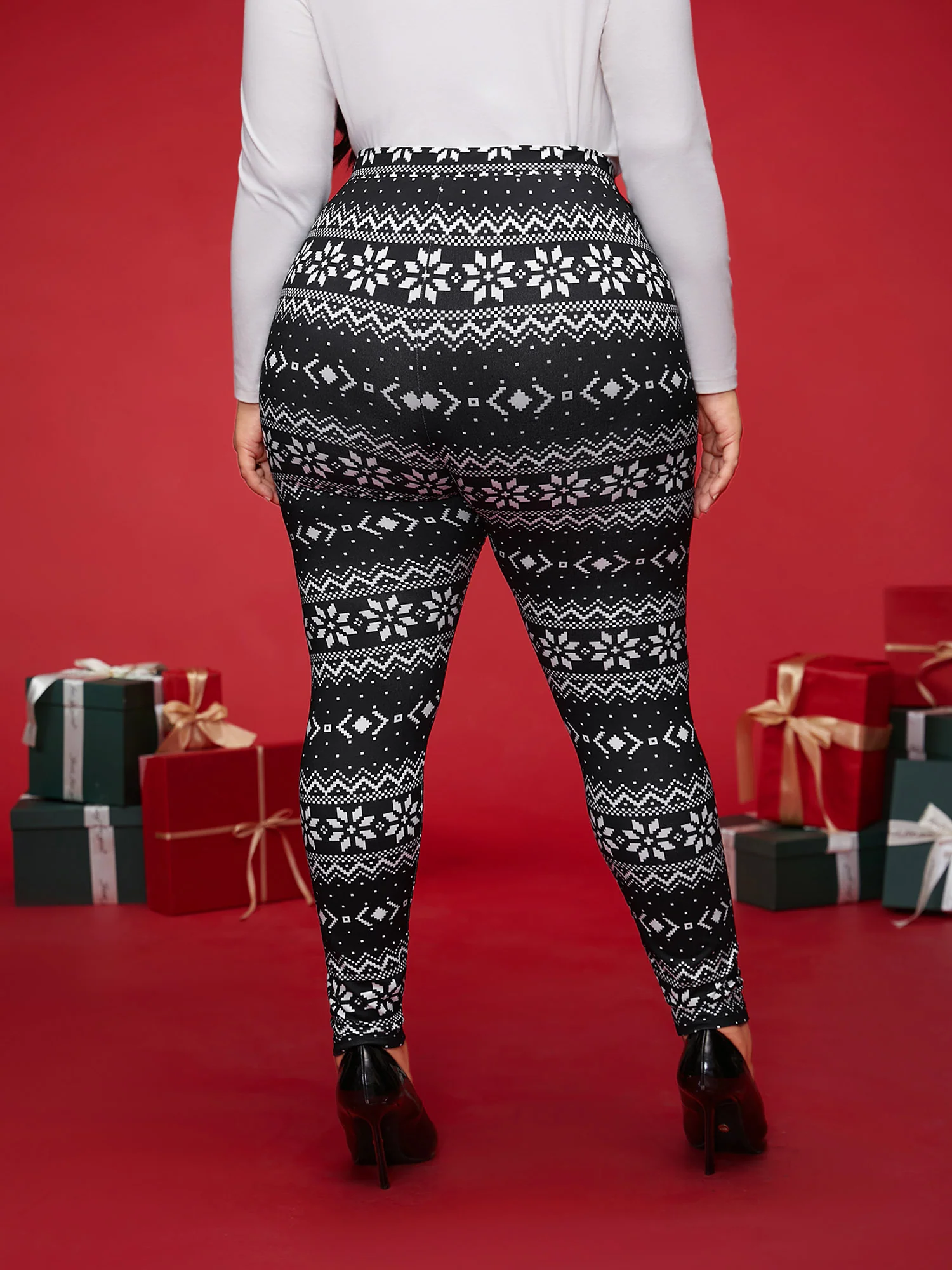 Snowflakes Printed High-Waist Stretchy Leggings - Image 3