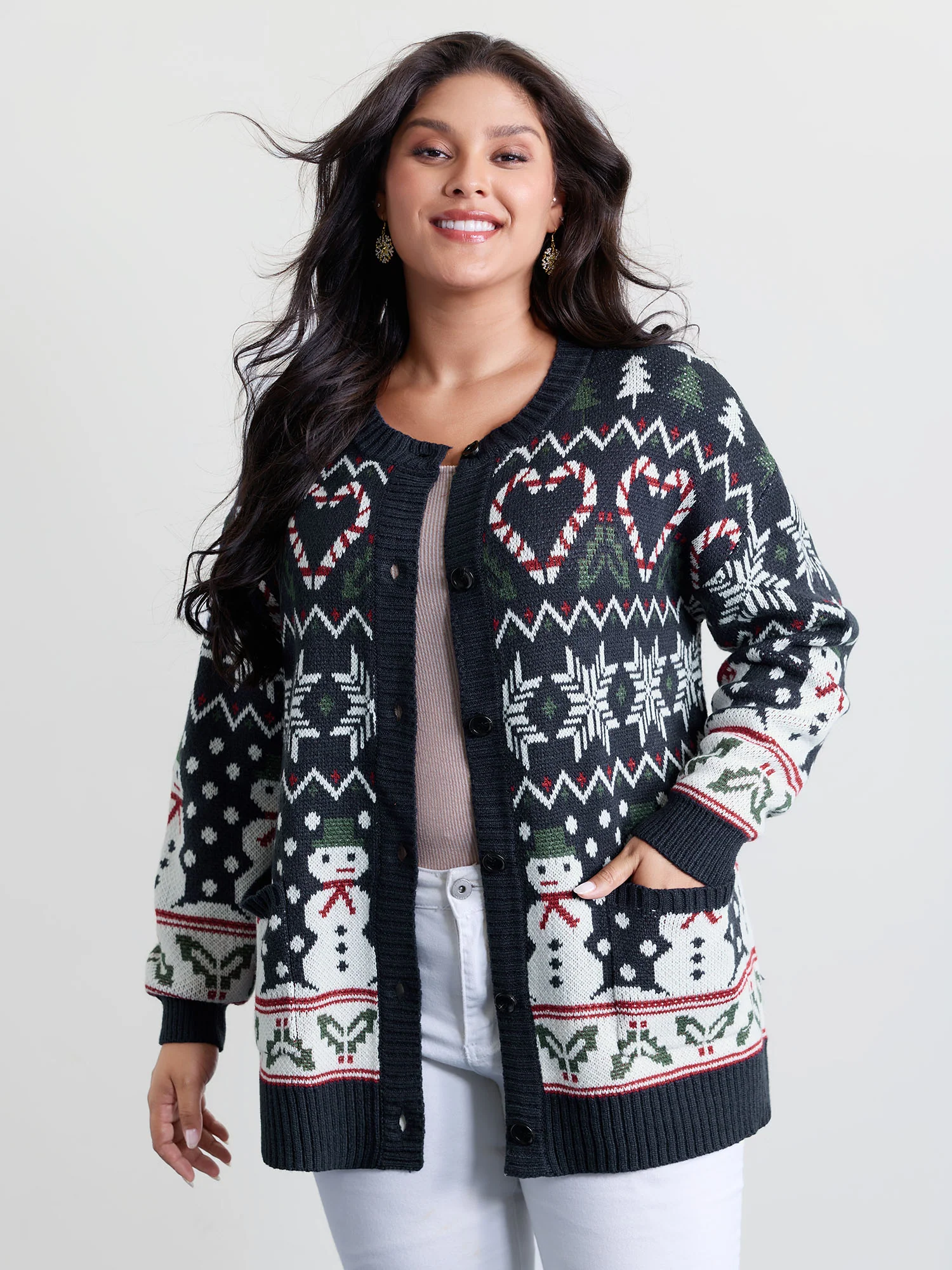 Snowman Holiday Jacquard Pockets Knit Cardigan - Image 2
