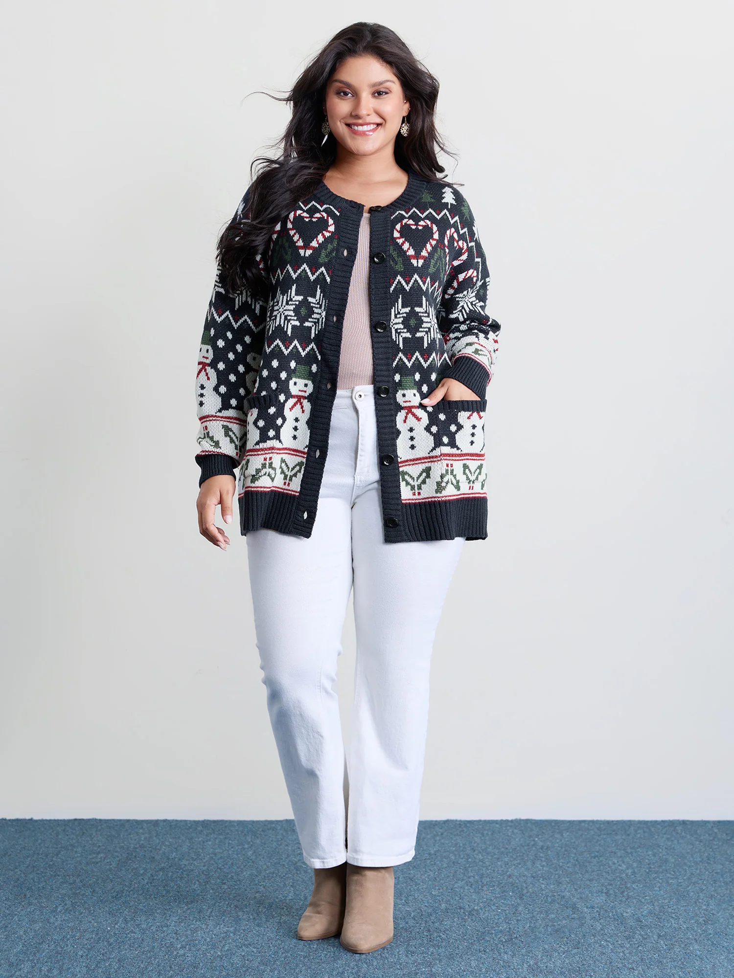 Snowman Holiday Jacquard Pockets Knit Cardigan - Image 3
