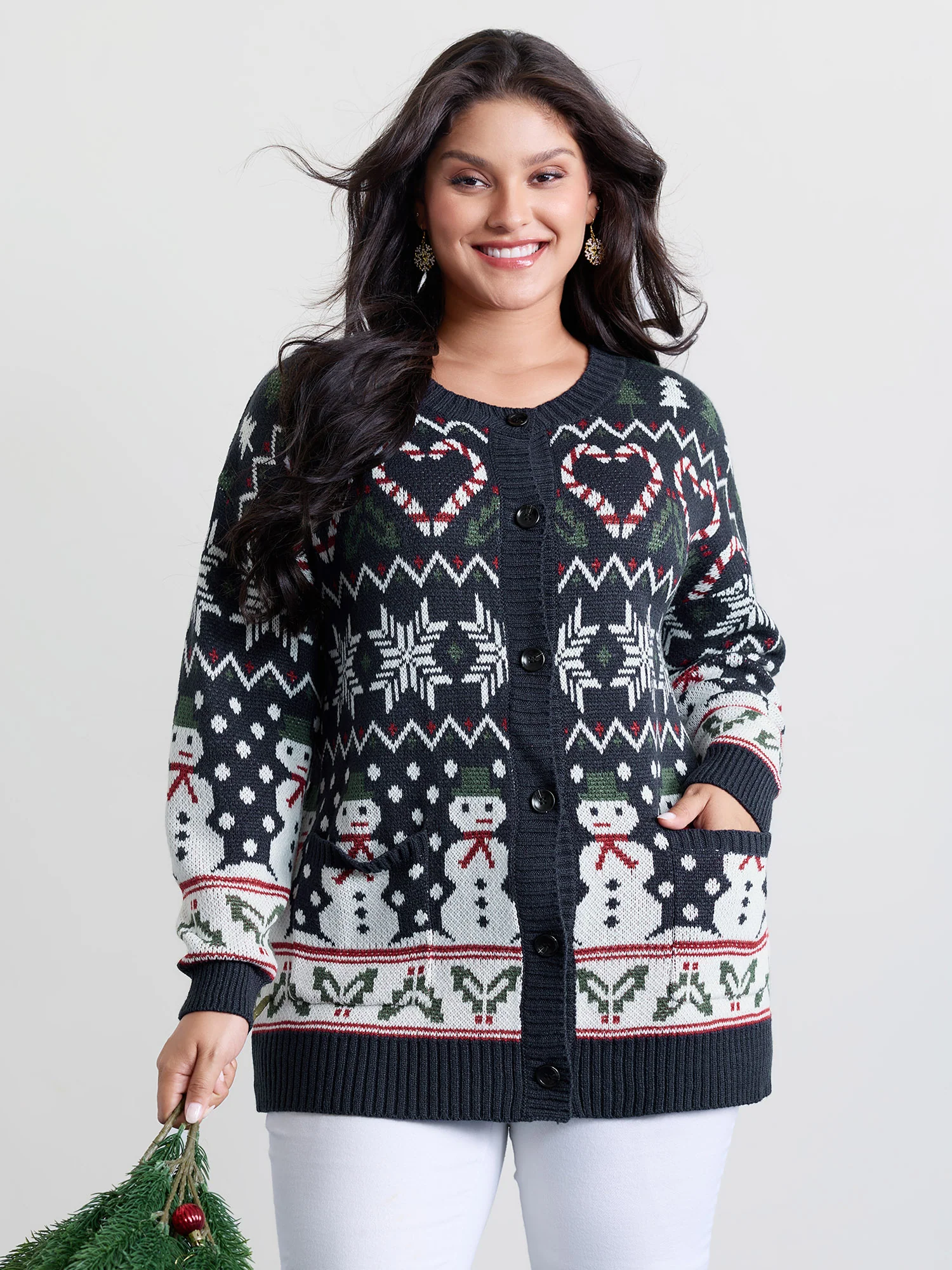 Snowman Holiday Jacquard Pockets Knit Cardigan - Image 4