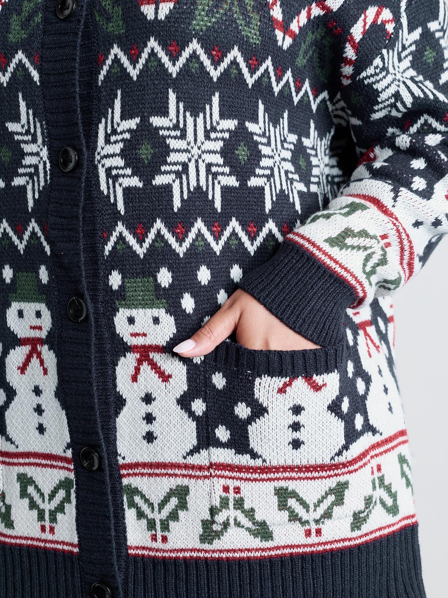 Snowman Holiday Jacquard Pockets Knit Cardigan - Image 5