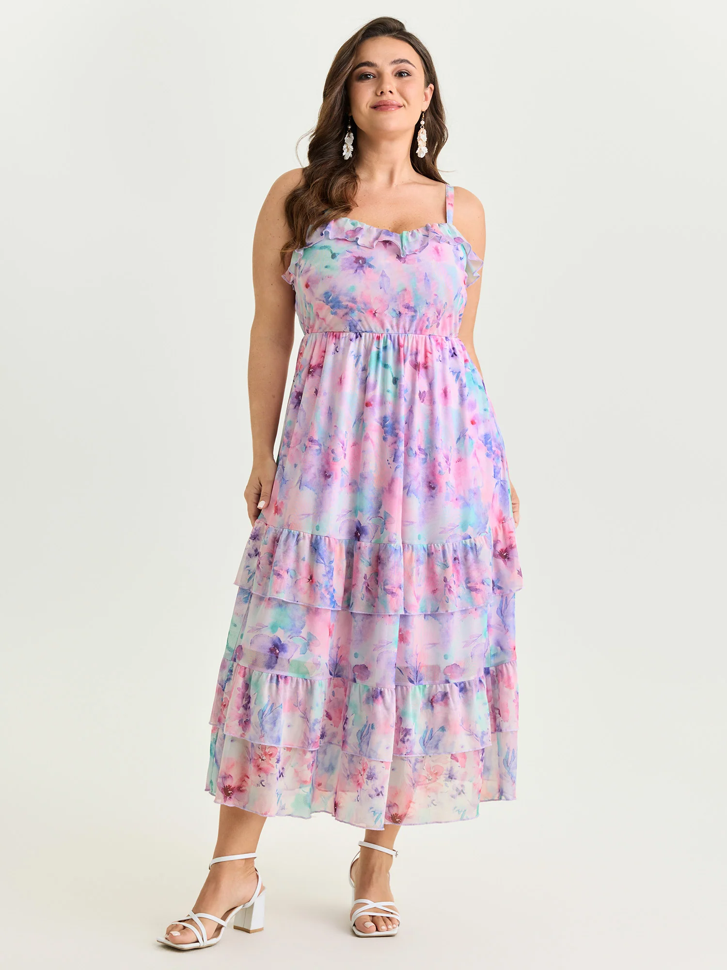 Soft Floral Mesh Print Flowy Maxi Dress - Image 3