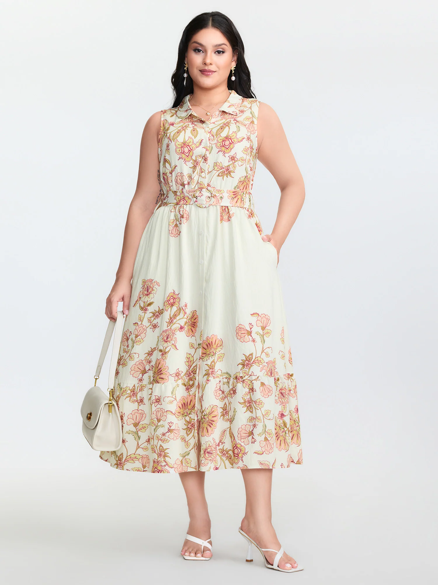 Soft Floral Print Collar Slit Midi Dress - Image 3