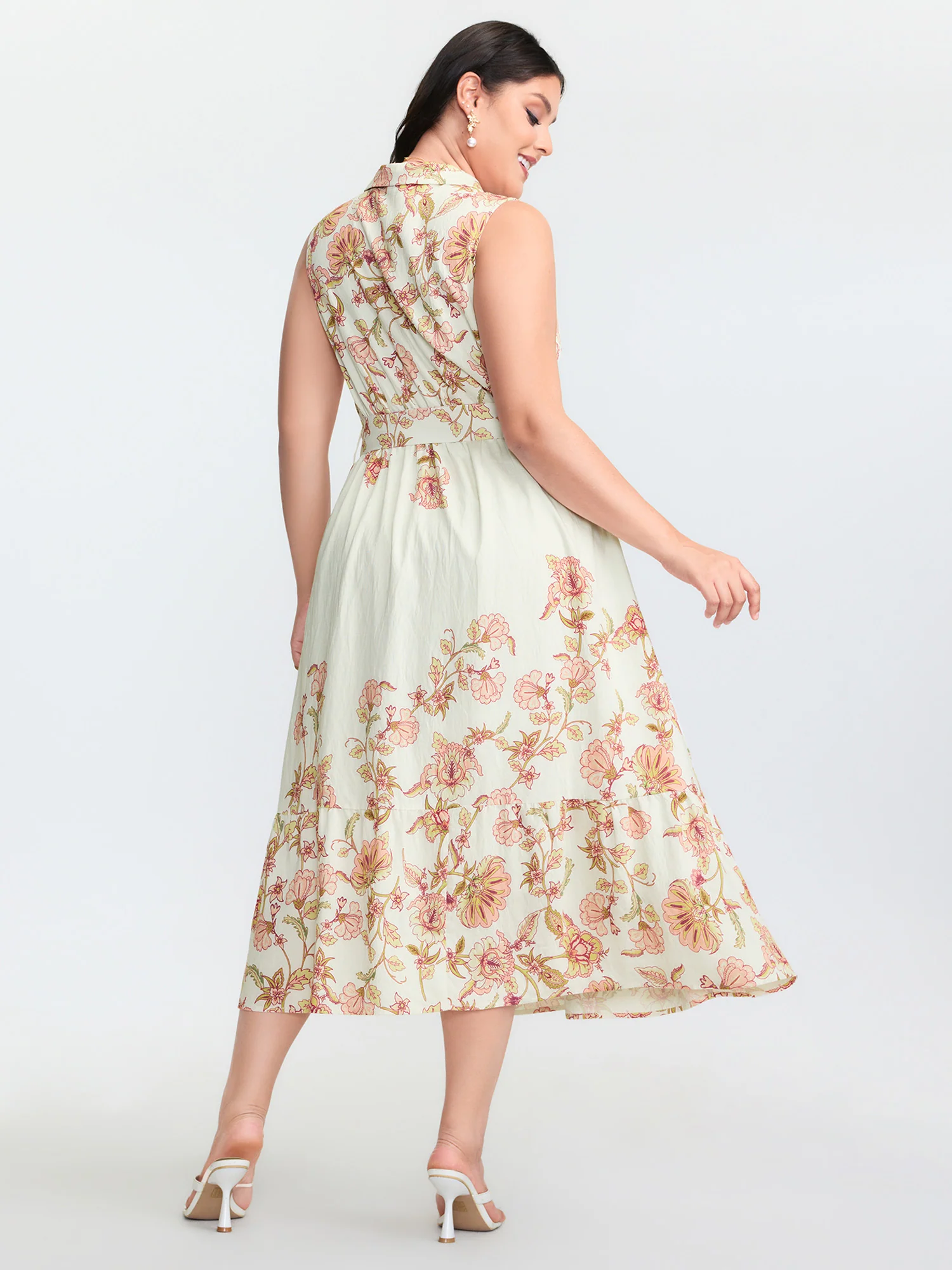 Soft Floral Print Collar Slit Midi Dress - Image 4