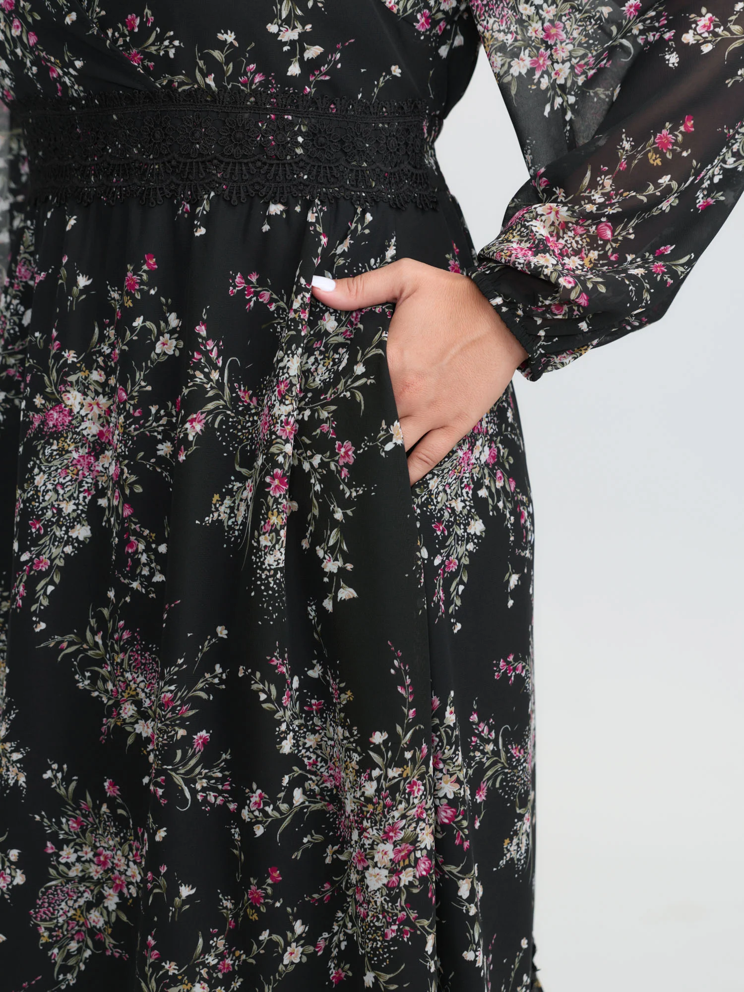 Soft Floral Print Lace Trim Midi Dress - Image 4