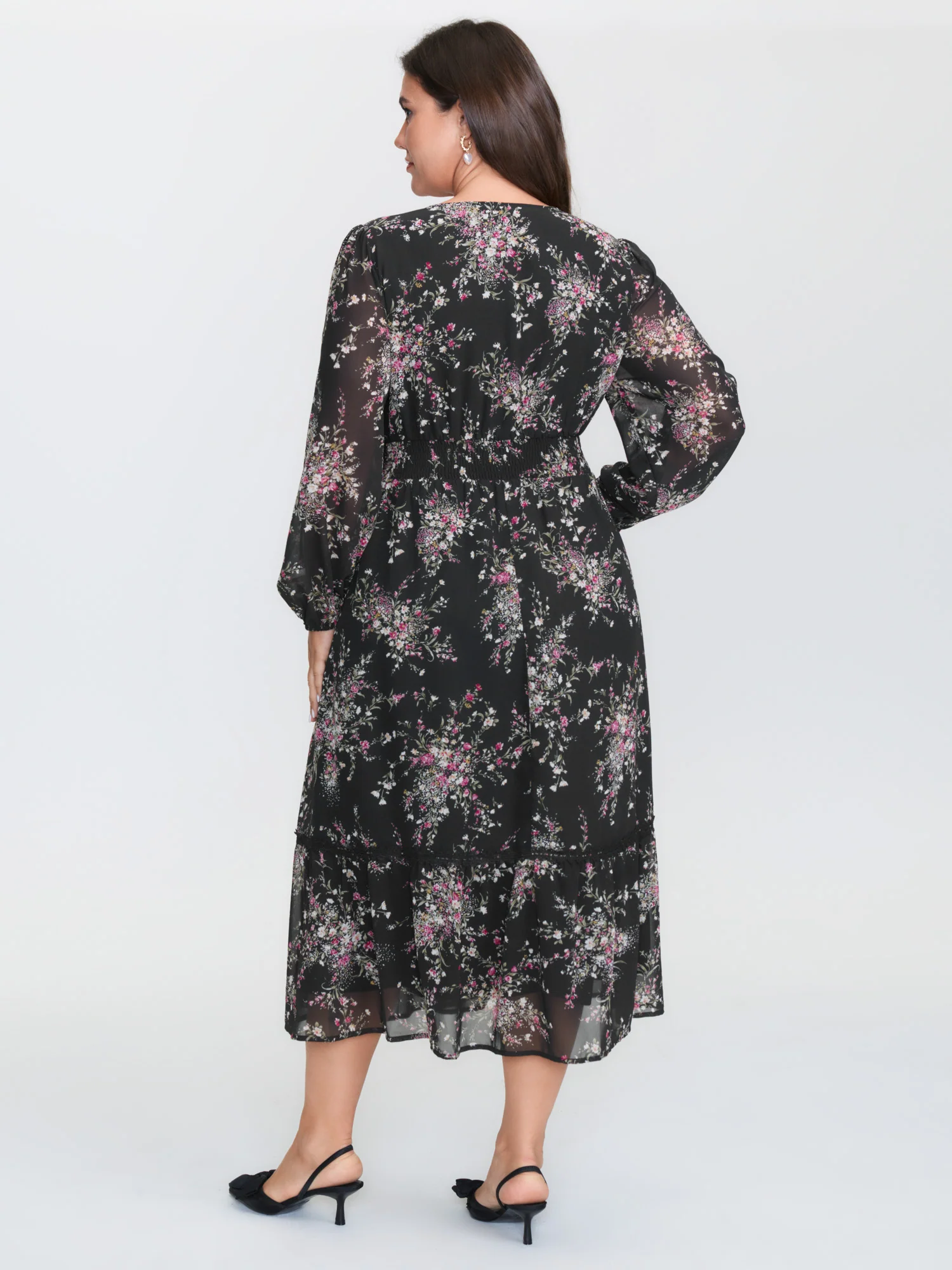 Soft Floral Print Lace Trim Midi Dress - Image 6