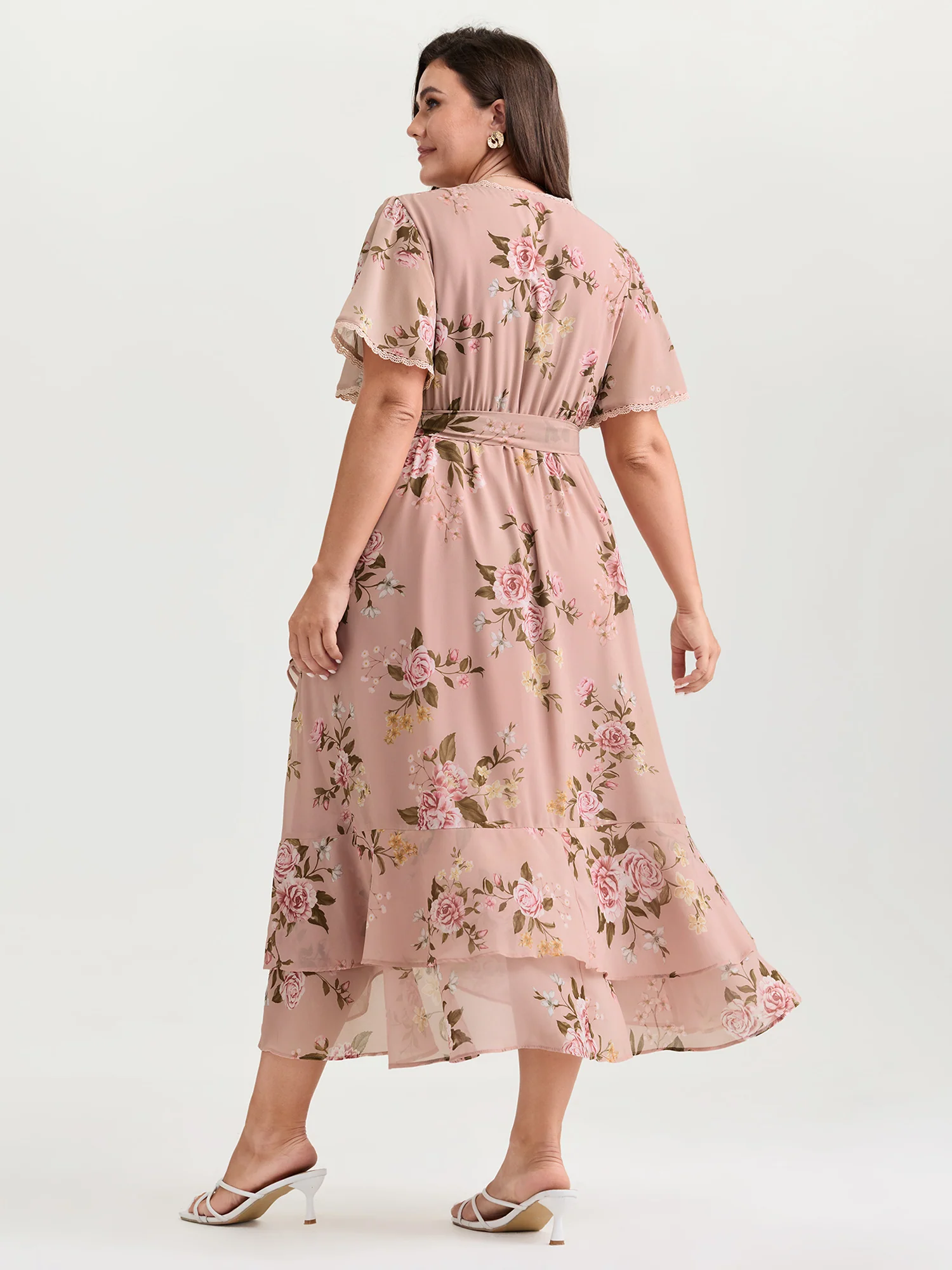 Soft Floral Print Lotus Leaf Hem Midi Dress - Image 4