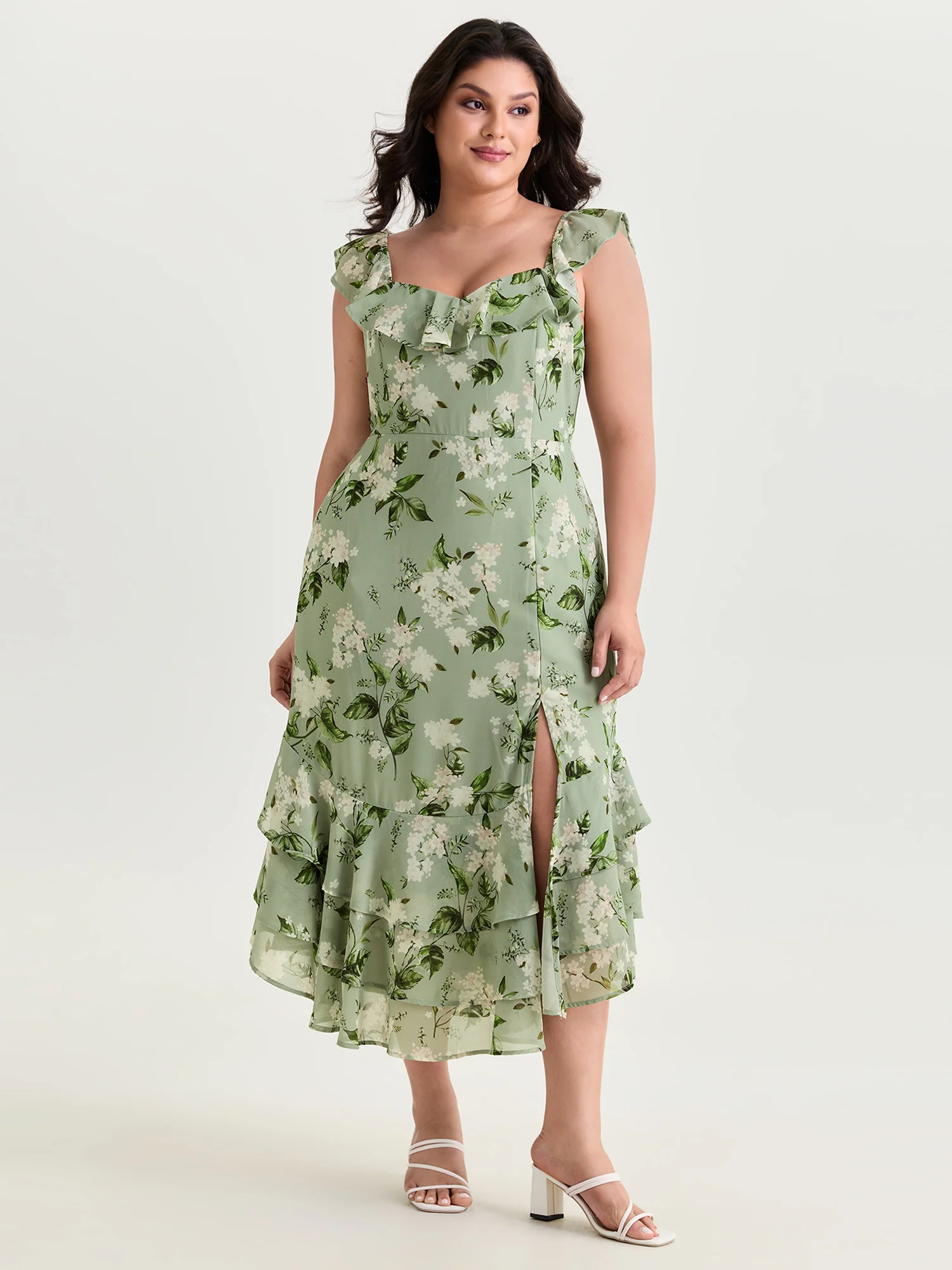 Soft Floral Print Ruffled Hem Midi Dress