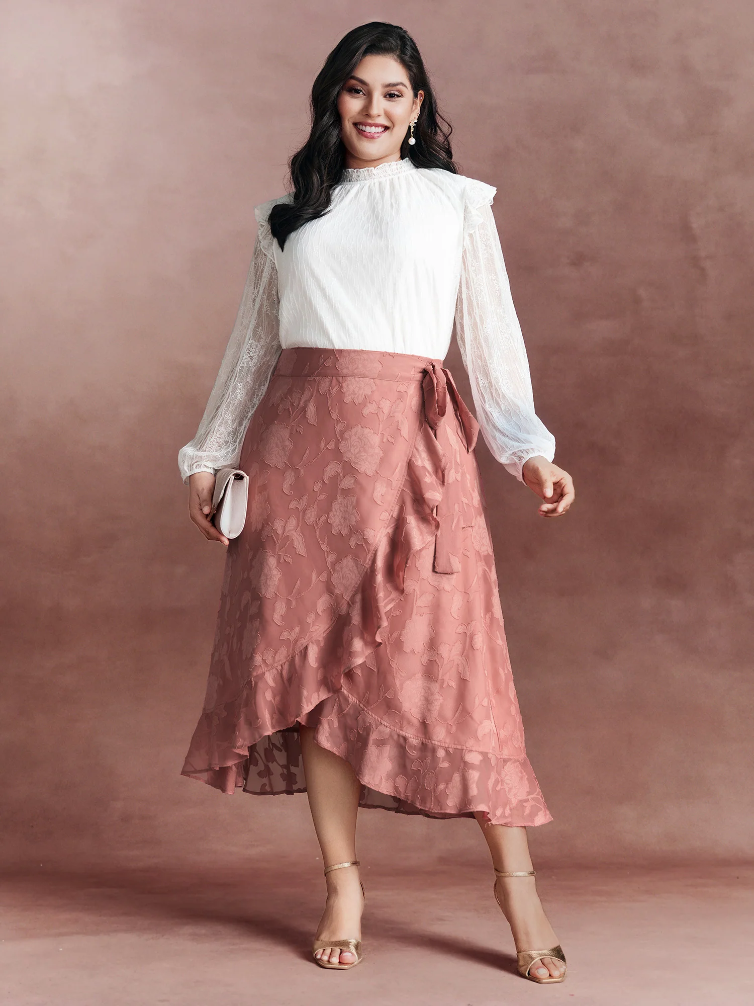 Soft Romance Jacquard High-Low Wrap Midi Skirt - Image 2