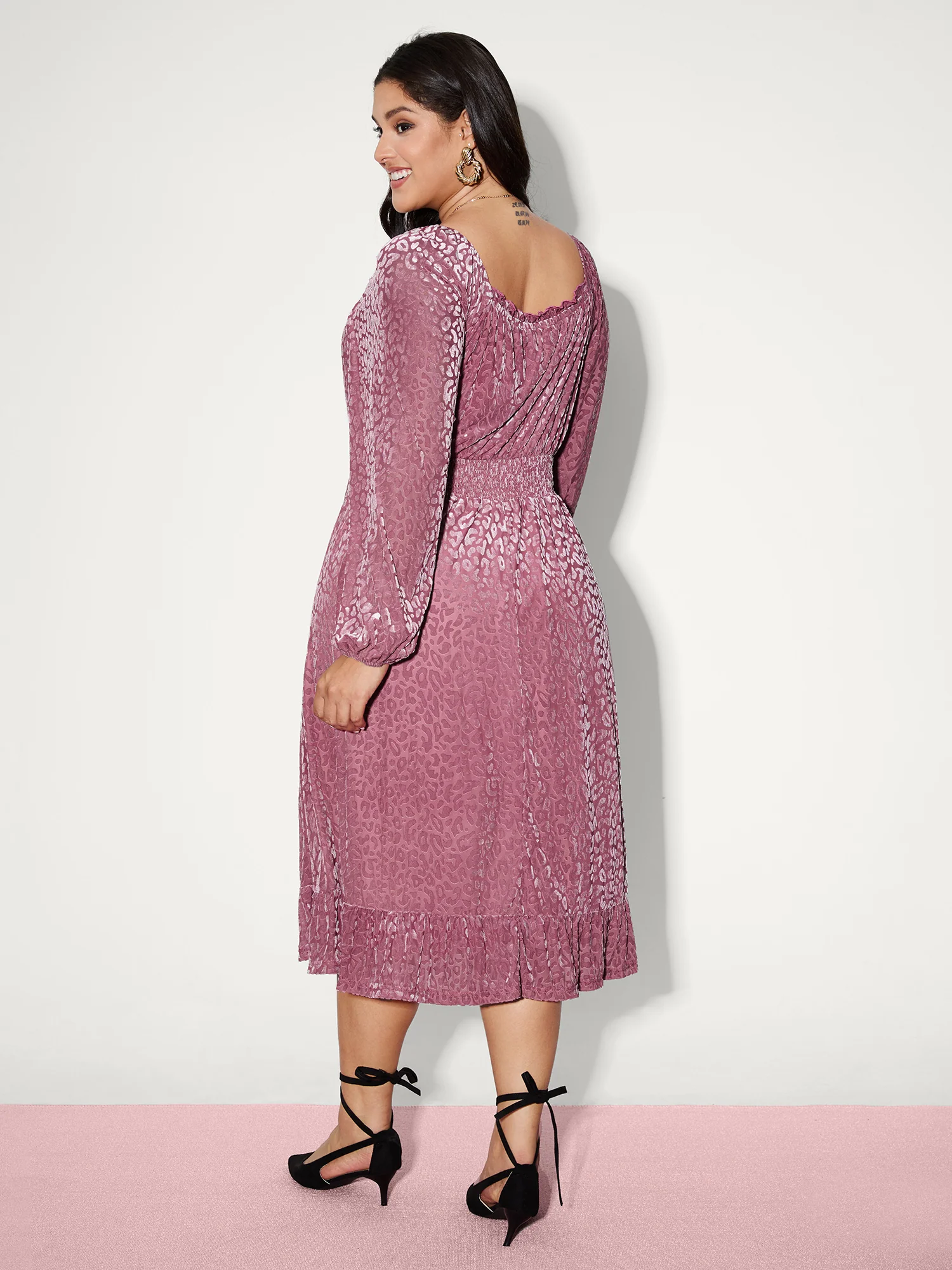 Soft Romance Leopard Print Shirred Waist Midi Dress - Image 4