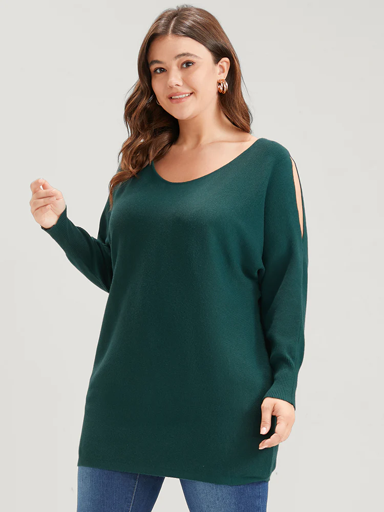 Solid Soft Sexy Yarn Knit Dolman Sleeve Cold Shoulder Knit Top - Image 3