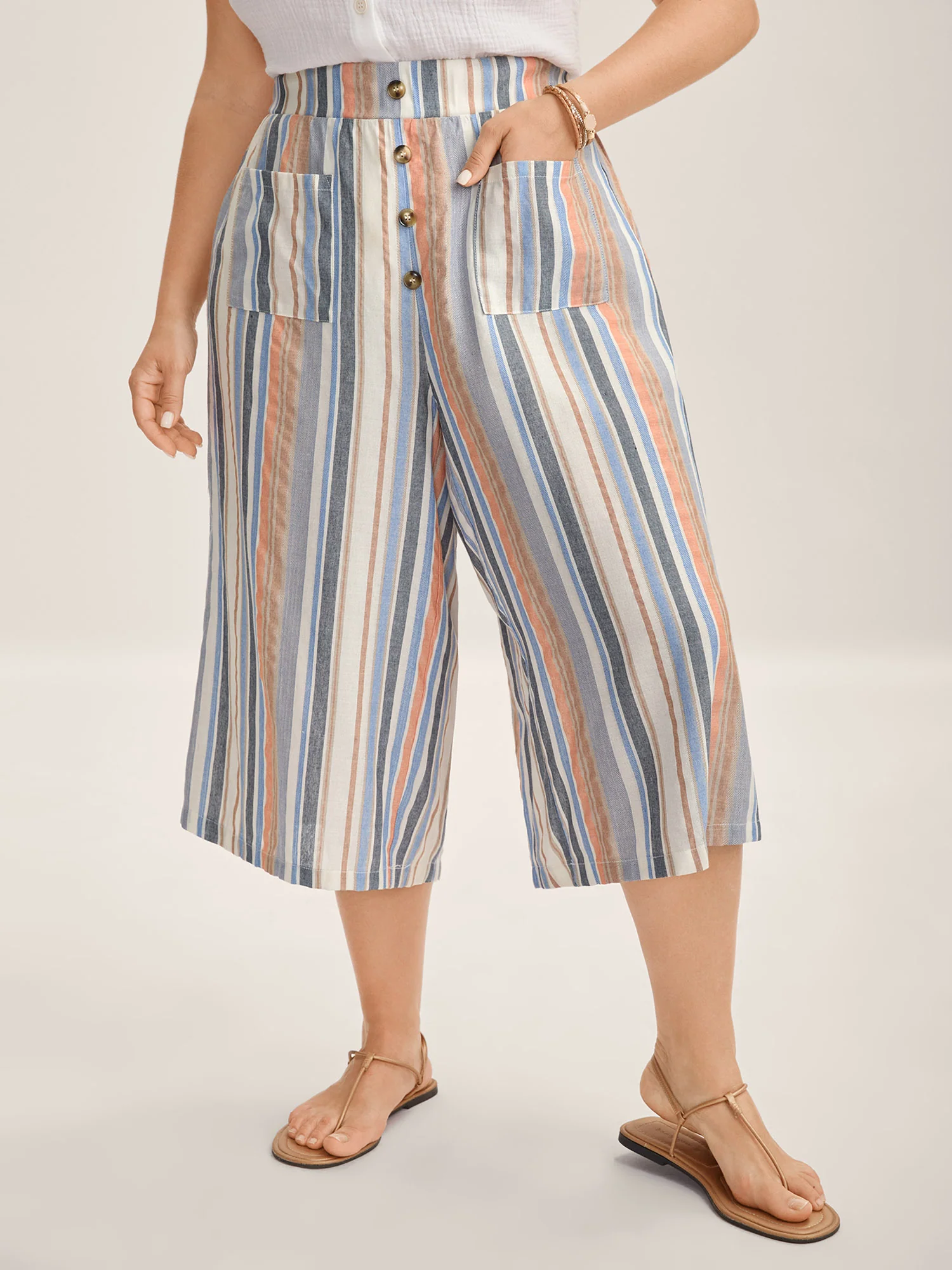 Soft Stripes Button Wide-Leg Pants - Image 2
