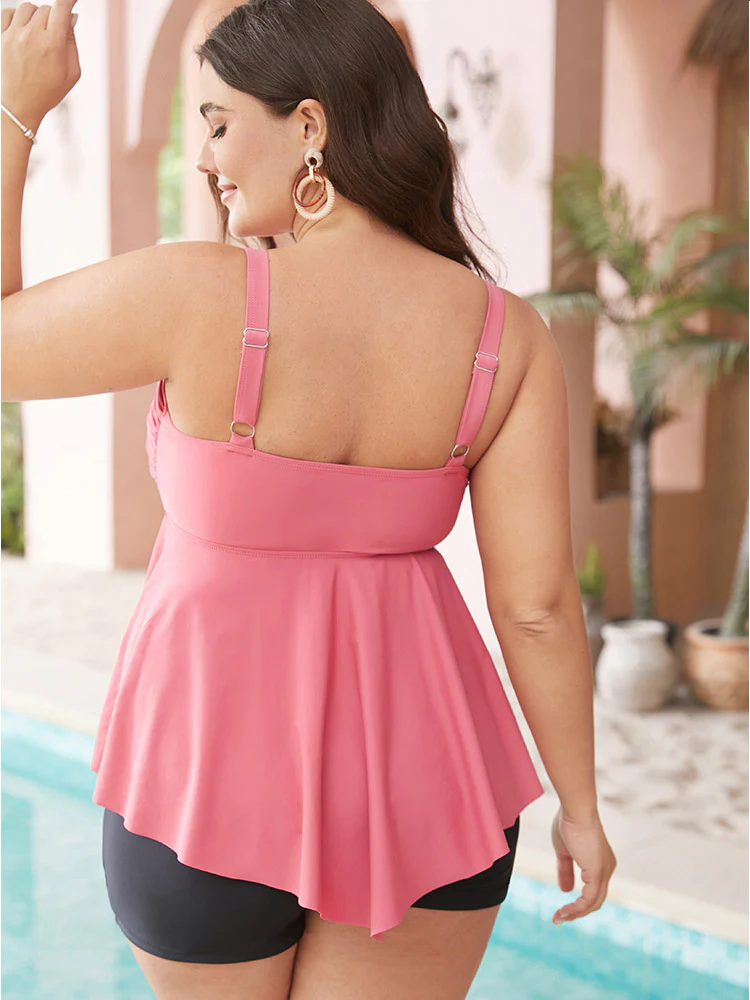Solid A Line Crossover Asymmetrical Hem Tankini Top - Image 2