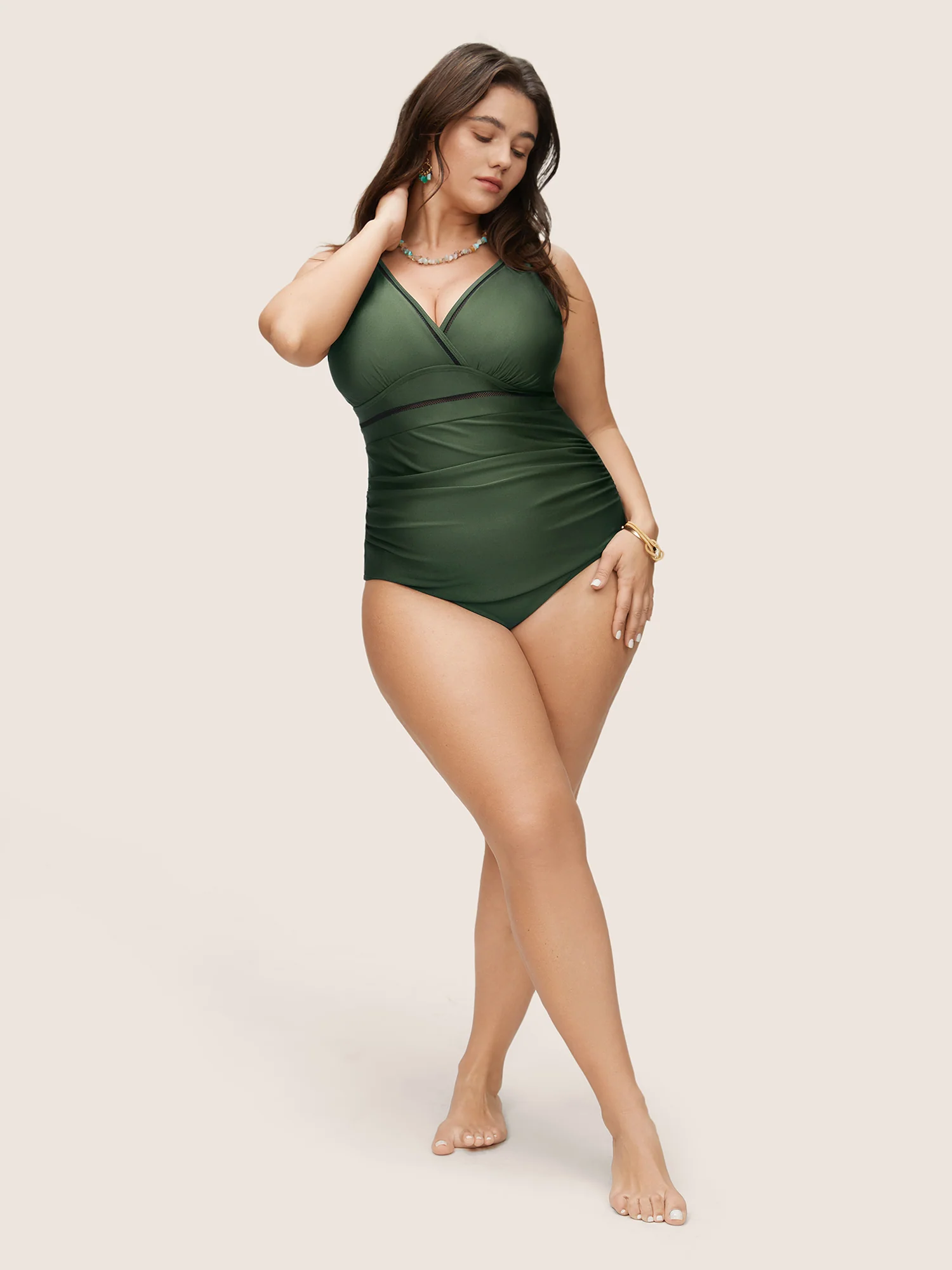 Solid Adjustable Straps Gathered One Piece Swimsuit - Image 3