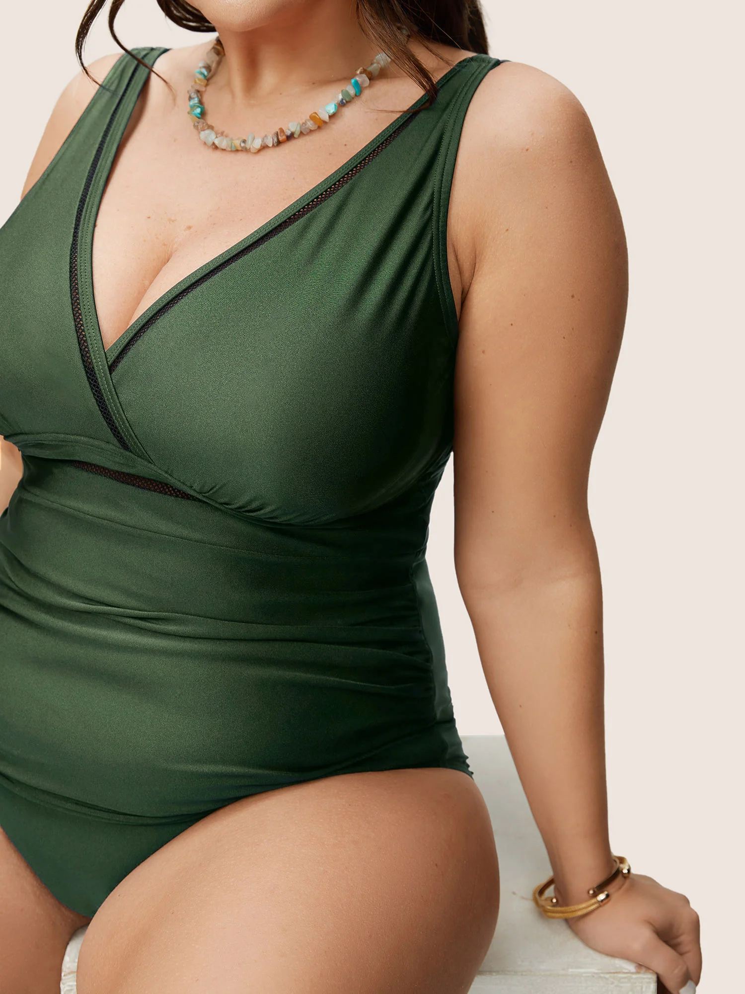Solid Adjustable Straps Gathered One Piece Swimsuit - Image 4