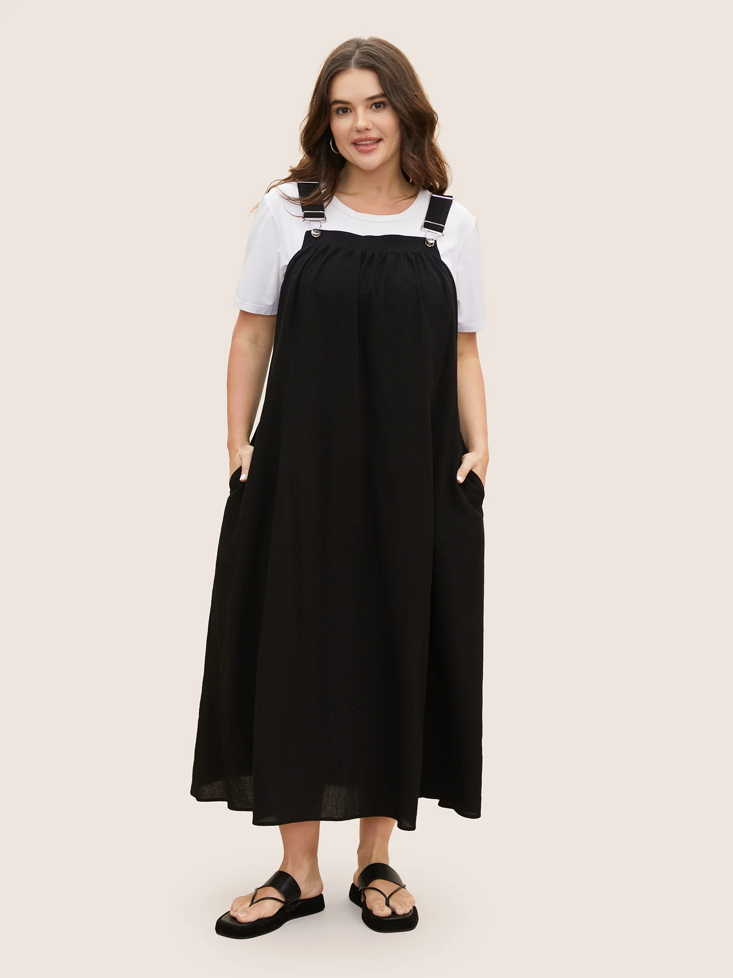 Cotton Solid Adjustable Straps Pocket Midi Dress - Image 2