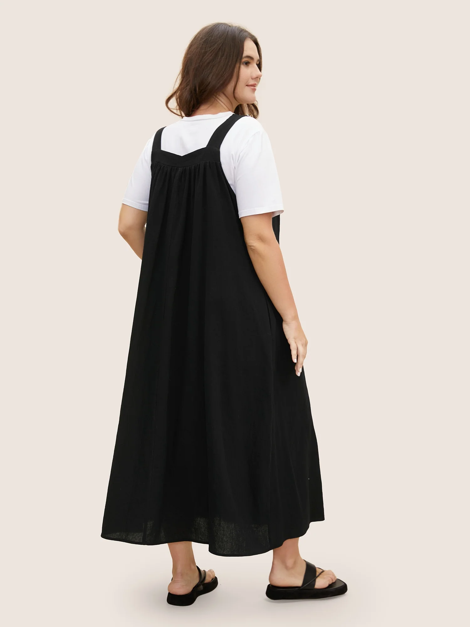 Cotton Solid Adjustable Straps Pocket Midi Dress - Image 3
