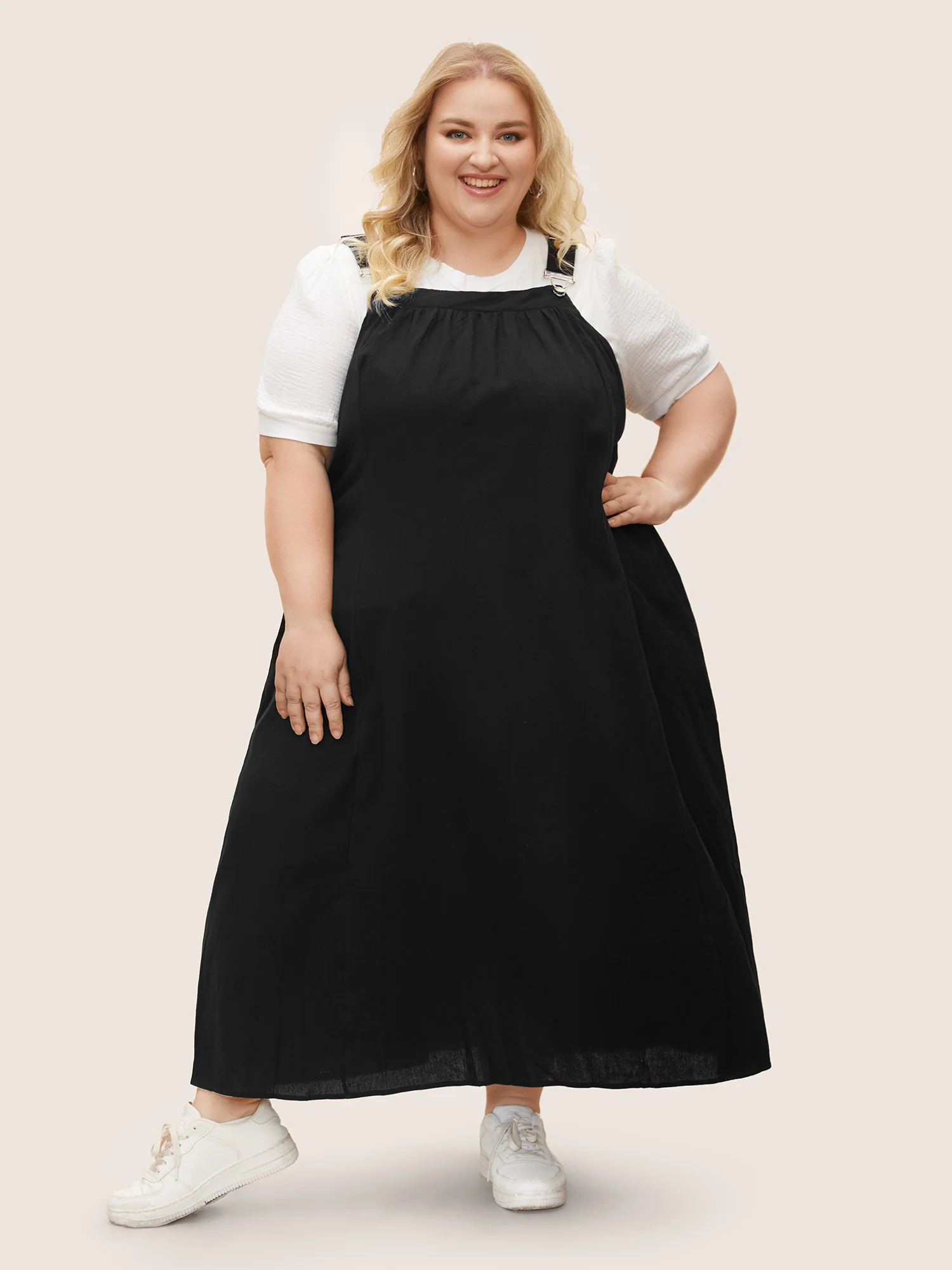 Cotton Solid Adjustable Straps Pocket Midi Dress - Image 4