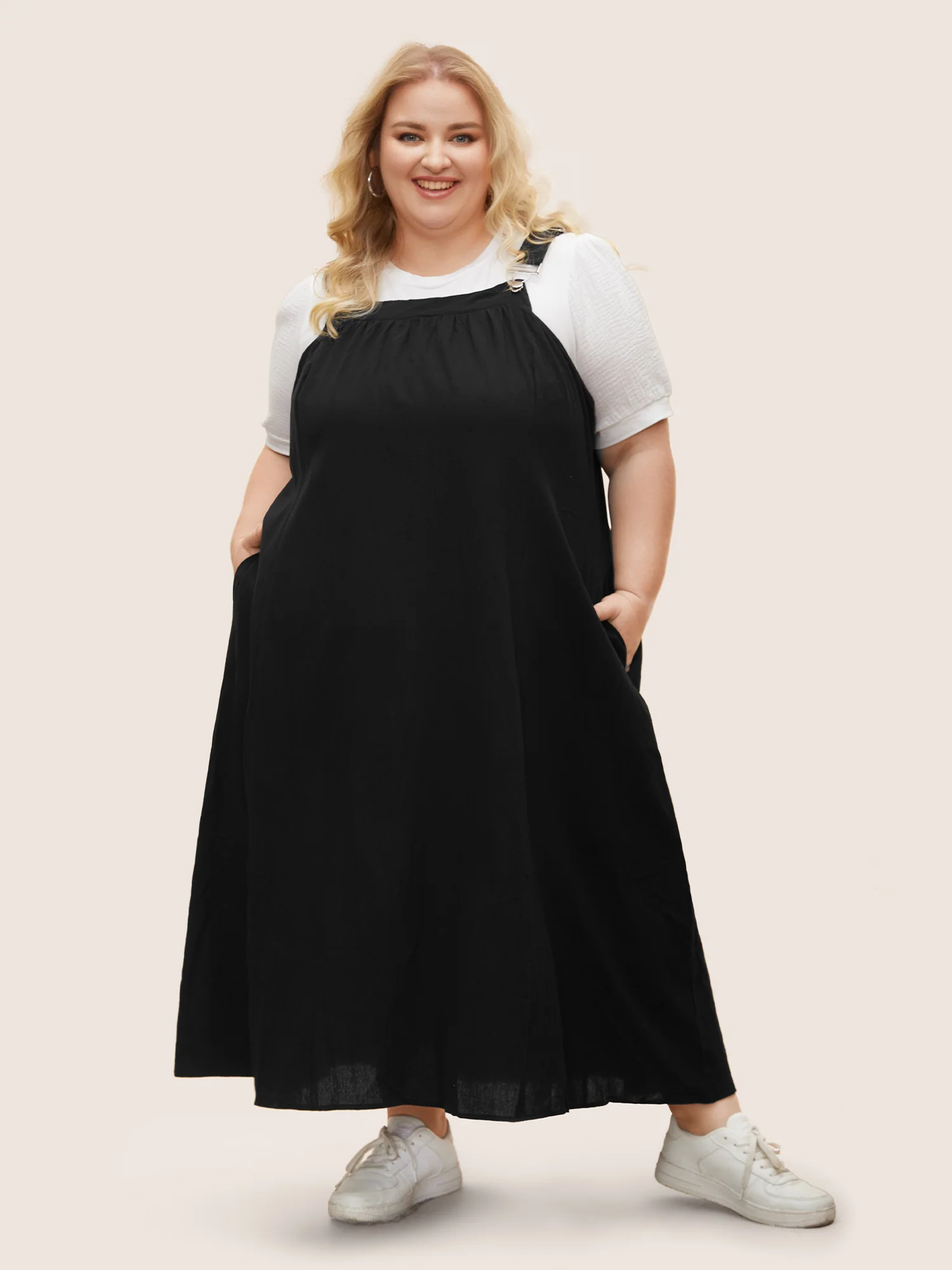 Cotton Solid Adjustable Straps Pocket Midi Dress - Image 6