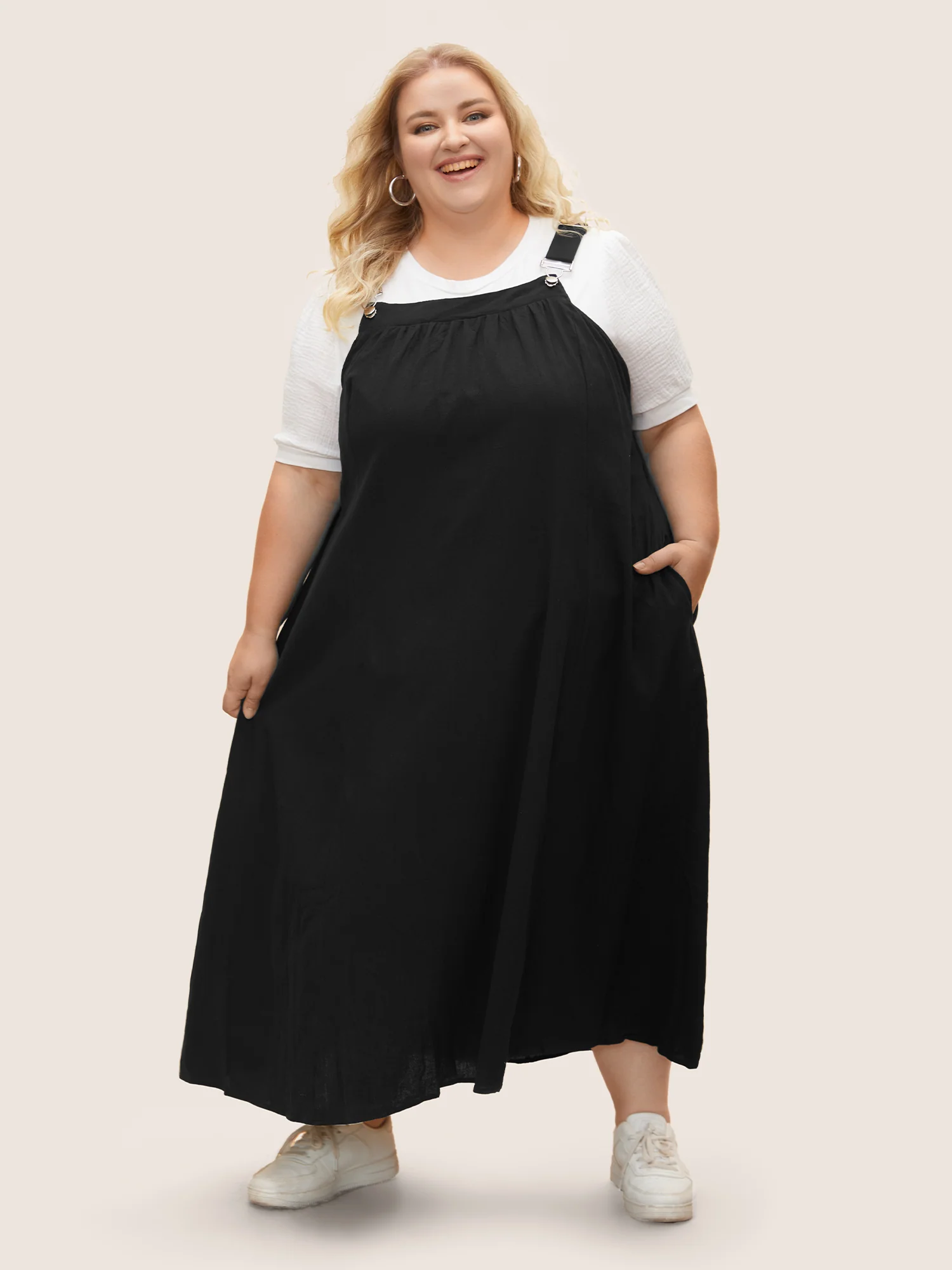 Cotton Solid Adjustable Straps Pocket Midi Dress - Image 7