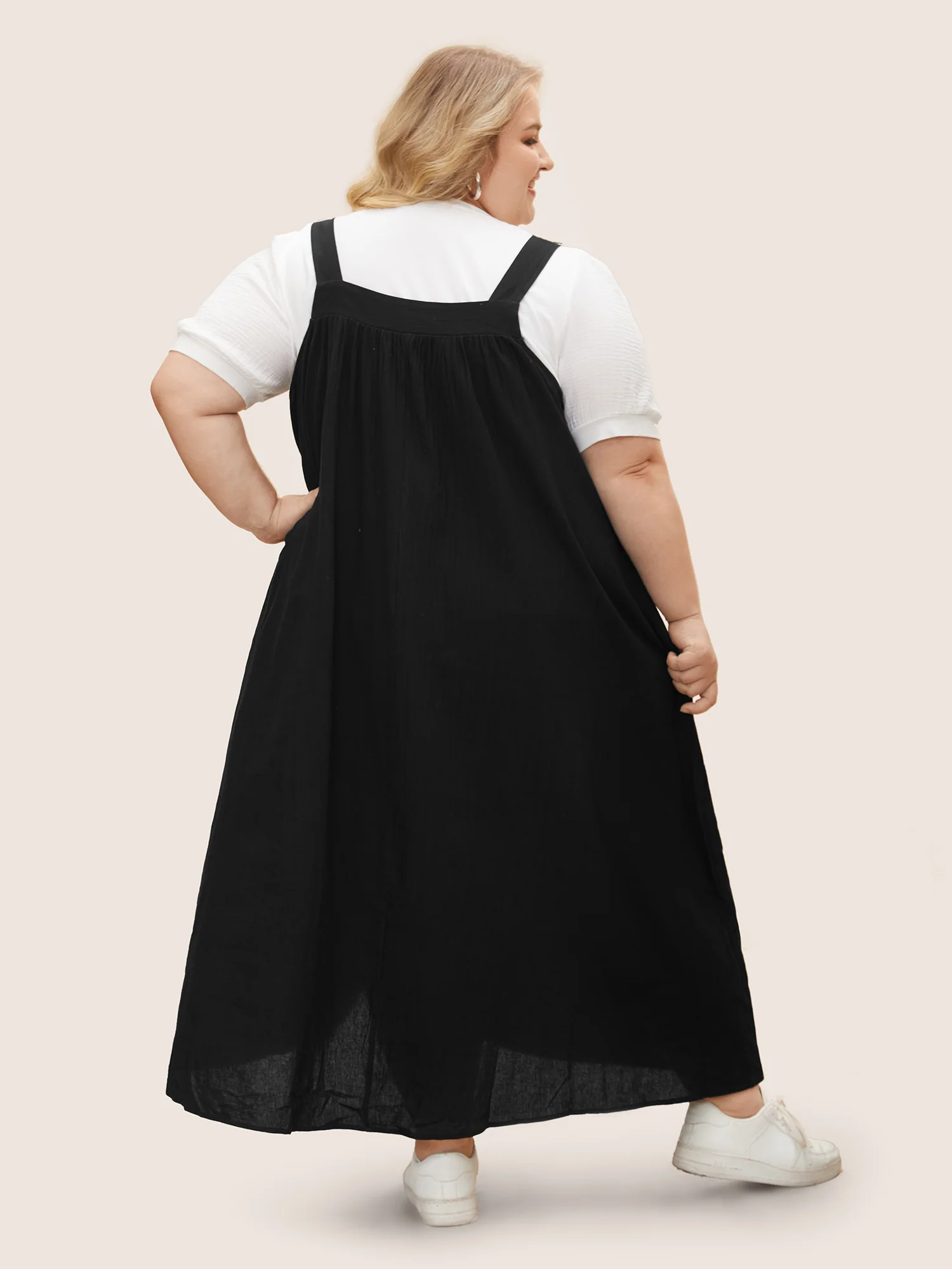Cotton Solid Adjustable Straps Pocket Midi Dress - Image 8
