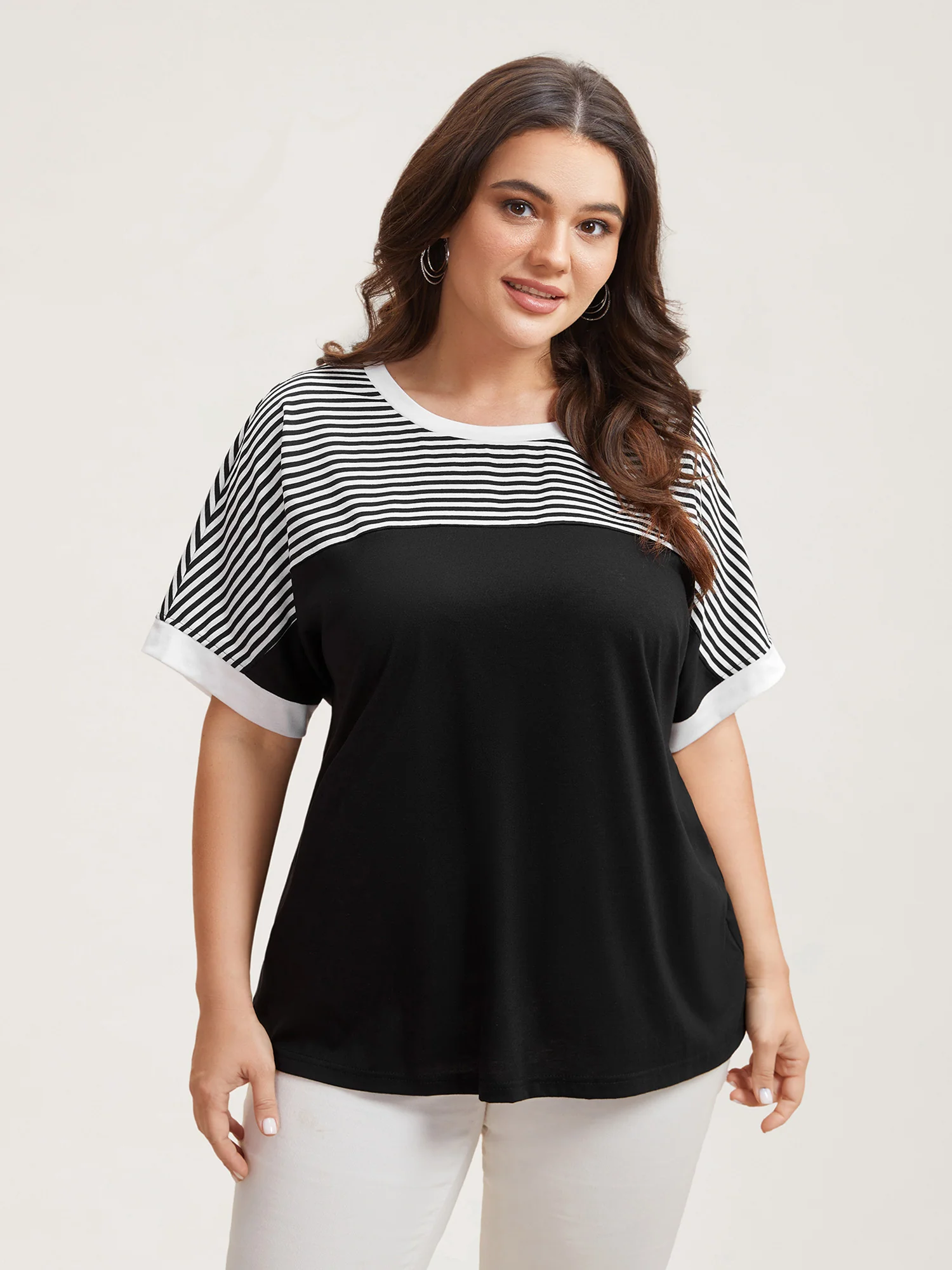 Solid and Striped Contrast Hem T-Shirt - Image 2