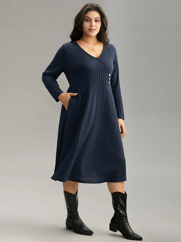 Solid Appliques Button Detail Elastic Waist Dress - Image 2