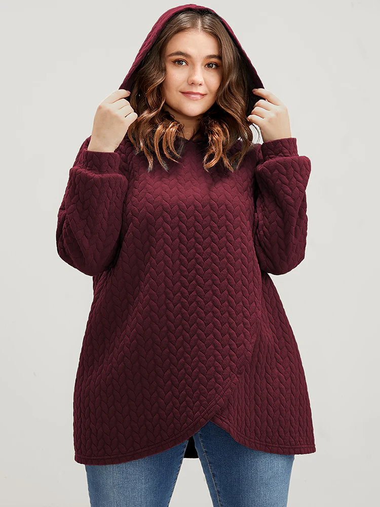 Solid Asymmetrical Hem Cable Knit Hooded Sweatshirt - Image 10