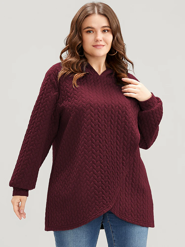 Solid Asymmetrical Hem Cable Knit Hooded Sweatshirt - Image 11