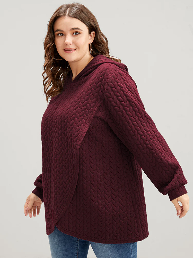 Solid Asymmetrical Hem Cable Knit Hooded Sweatshirt - Image 12