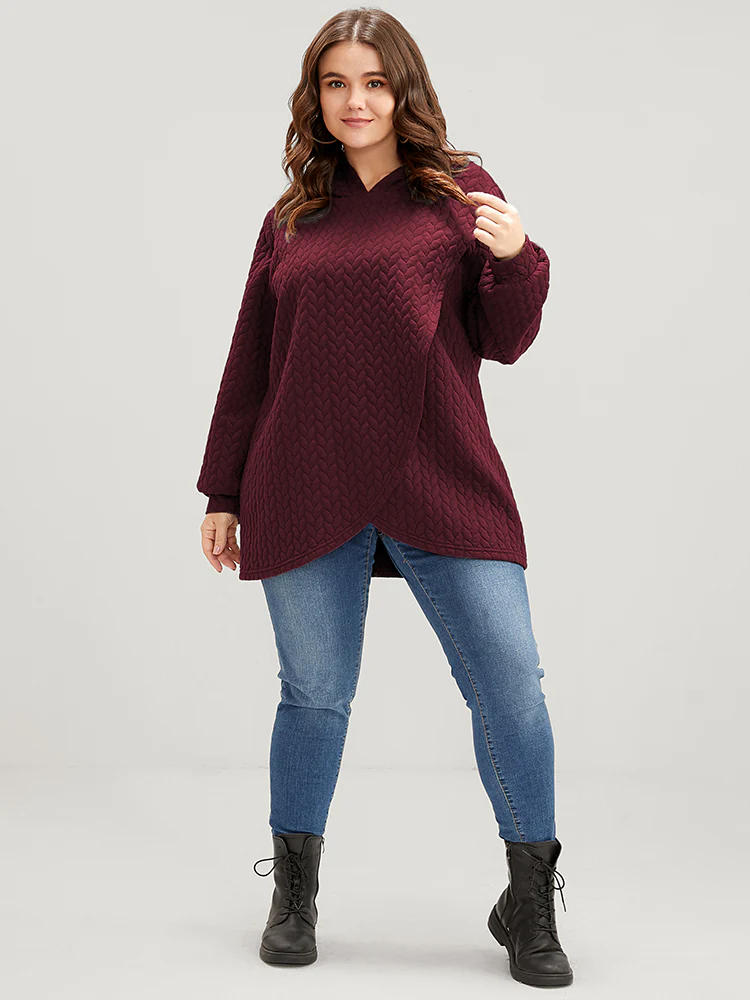 Solid Asymmetrical Hem Cable Knit Hooded Sweatshirt - Image 13