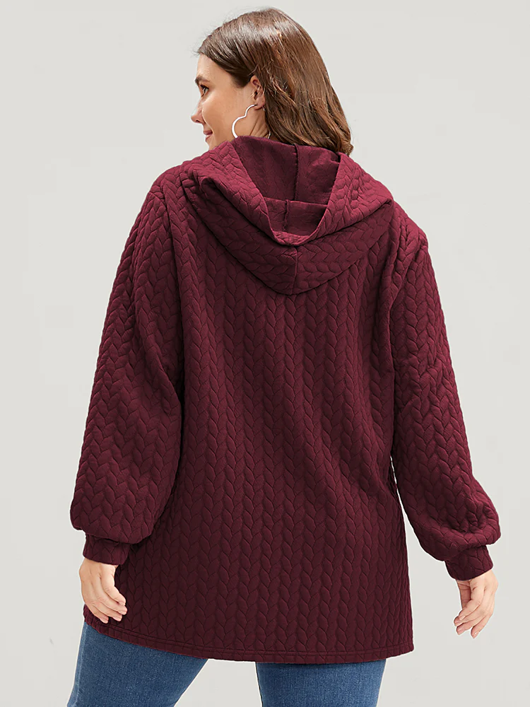 Solid Asymmetrical Hem Cable Knit Hooded Sweatshirt - Image 14