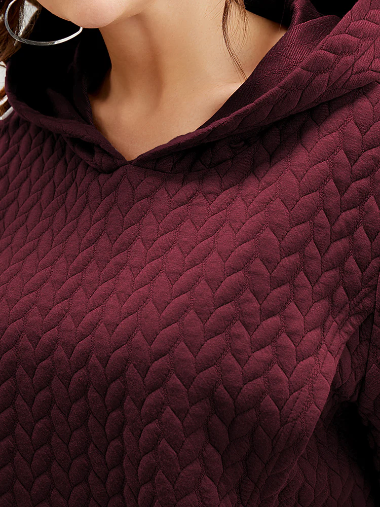 Solid Asymmetrical Hem Cable Knit Hooded Sweatshirt - Image 18