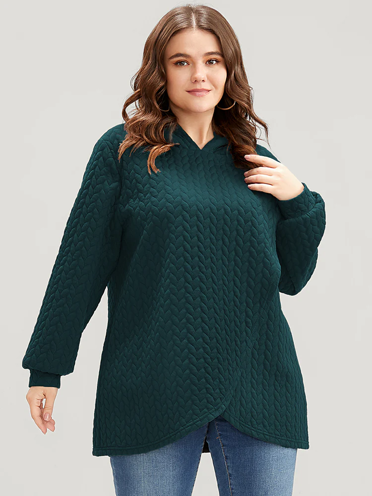 Solid Asymmetrical Hem Cable Knit Hooded Sweatshirt - Image 2