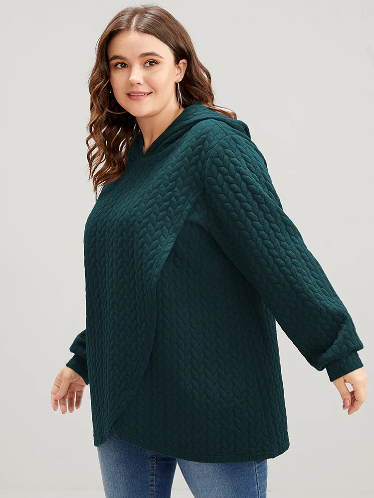 Solid Asymmetrical Hem Cable Knit Hooded Sweatshirt - Image 3