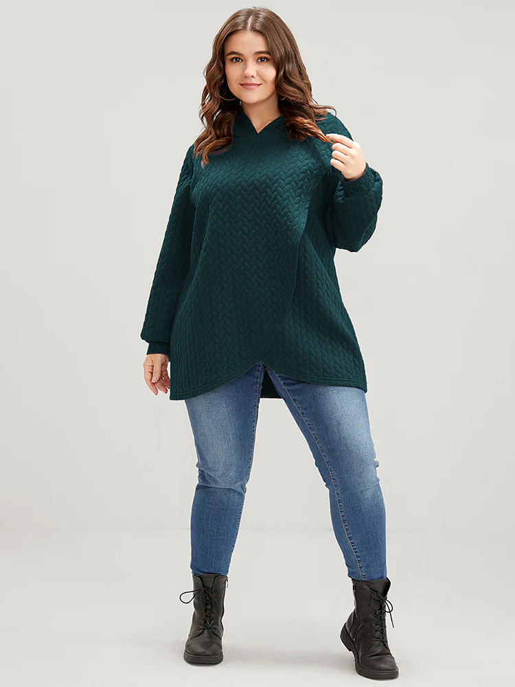 Solid Asymmetrical Hem Cable Knit Hooded Sweatshirt - Image 4
